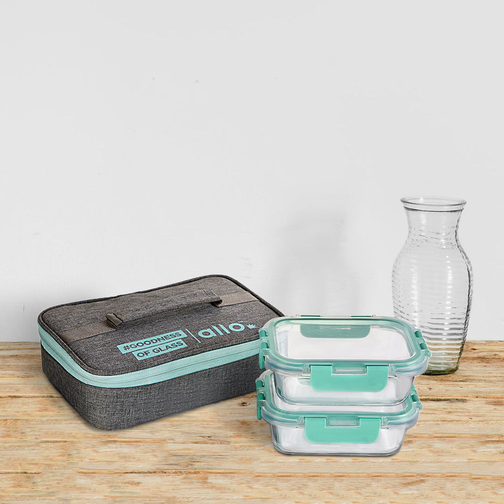 370ml x 2 Allo FoodSafe Microwave Oven Safe Glass Lunch box with Break Free Detachable Lock with Canvas Grey Bag Tiffin - Allo Innoware