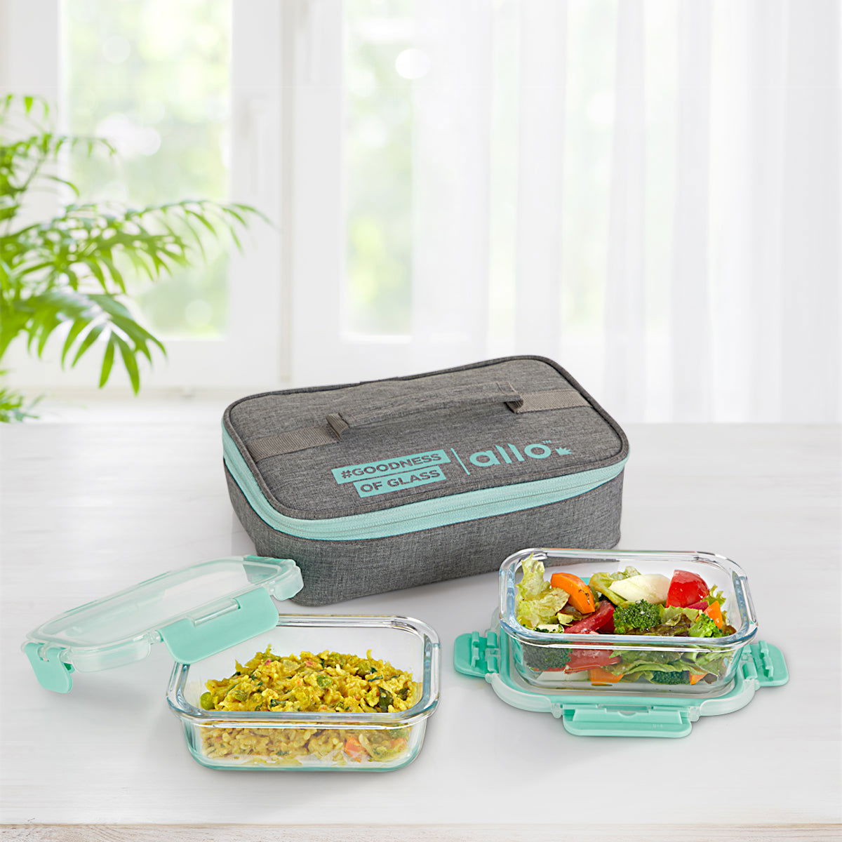 370ml x 2 Allo FoodSafe Microwave Oven Safe Glass Lunch box with Break Free Detachable Lock with Canvas Grey Bag Tiffin - Allo Innoware