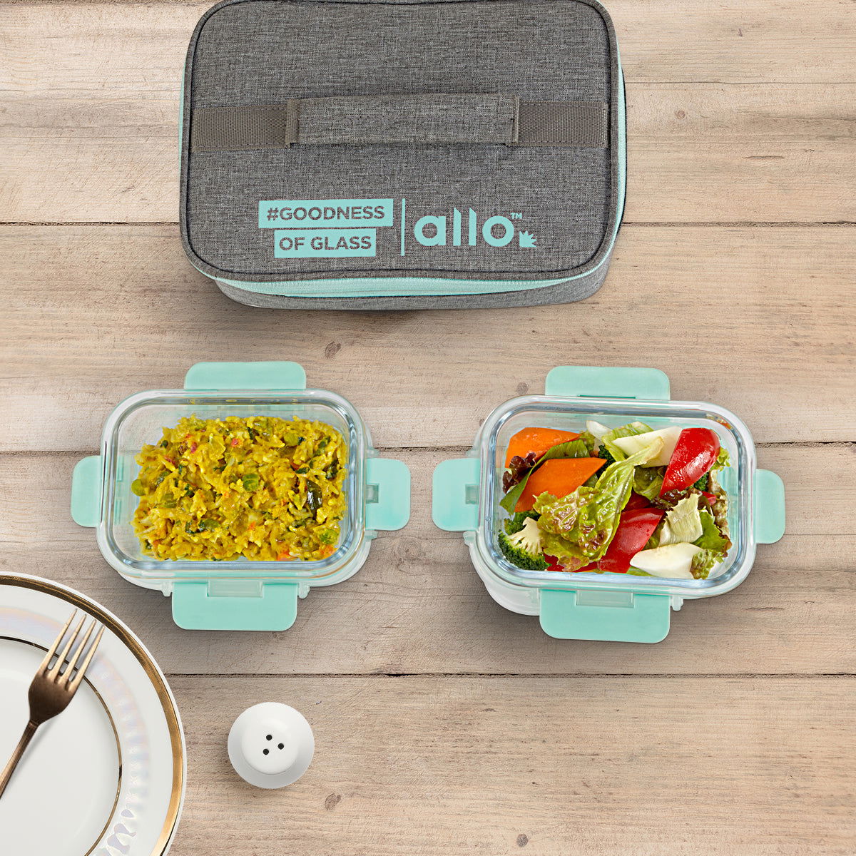 370ml x 2 Allo FoodSafe Microwave Oven Safe Glass Lunch box with Break Free Detachable Lock with Canvas Grey Bag Tiffin - Allo Innoware