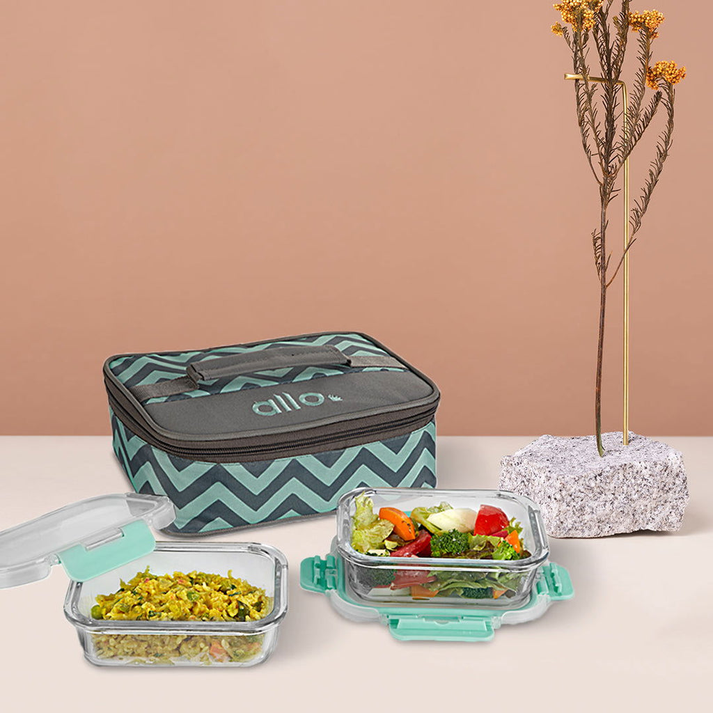 370ml x 2 Allo FoodSafe Microwave Oven Safe Glass Lunch box with Break Free Detachable Lock with Chevron Mint Bag Tiffin - Allo Innoware