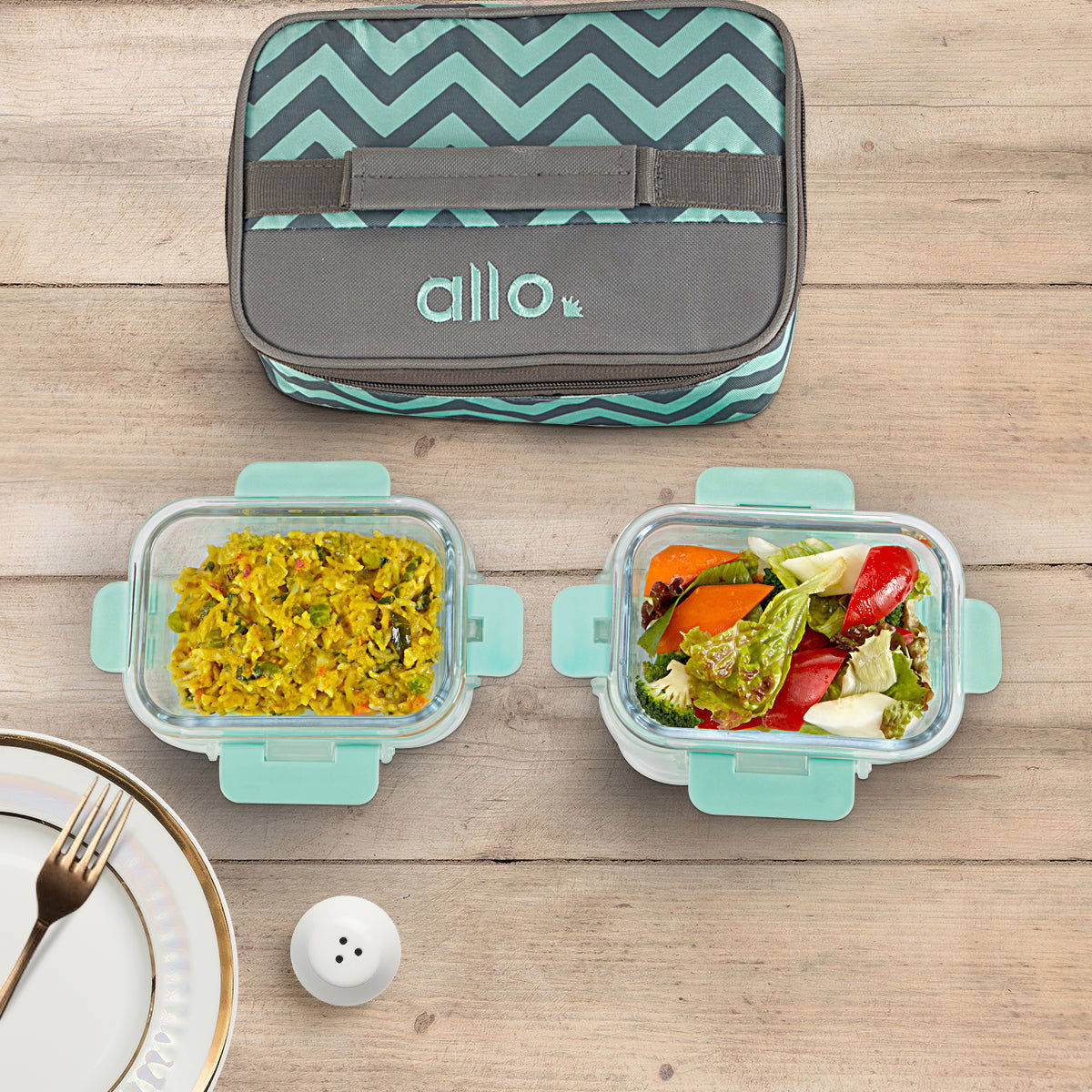 370ml x 2 Allo FoodSafe Microwave Oven Safe Glass Lunch box with Break Free Detachable Lock with Chevron Mint Bag Tiffin - Allo Innoware