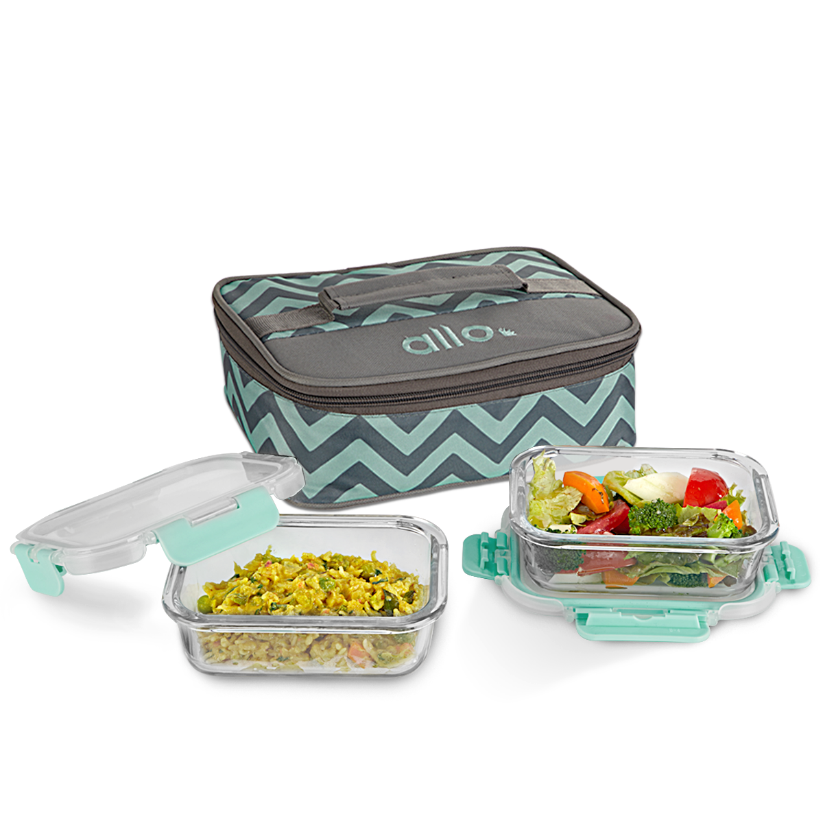 370ml x 2 Allo FoodSafe Microwave Oven Safe Glass Lunch box with Break Free Detachable Lock with Chevron Mint Bag Tiffin - Allo Innoware