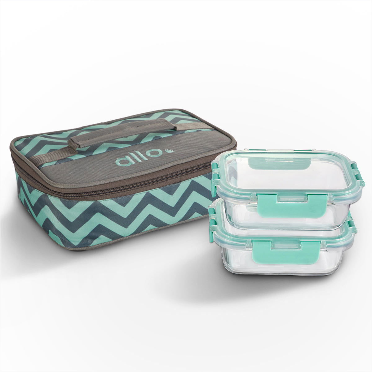 370ml x 2 Allo FoodSafe Microwave Oven Safe Glass Lunch box with Break Free Detachable Lock with Chevron Mint Bag Tiffin - Allo Innoware