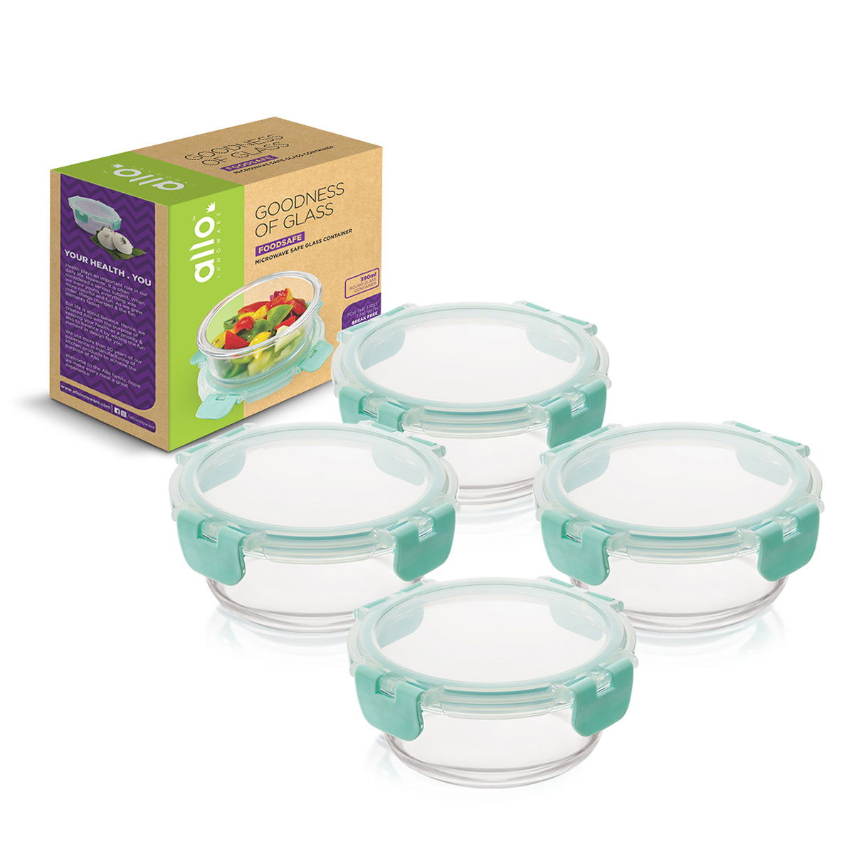 390 x 4 Allo FoodSafe Microwave Oven Safe Glass Container with Break Free Detachable Lock - Allo Innoware