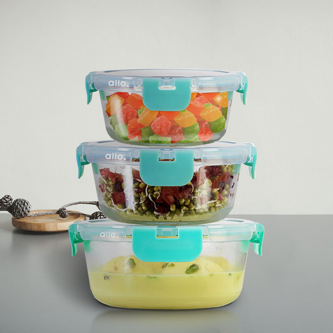 390ml, 635ml, 930ml Allo FoodSafe Microwave Oven Safe Glass Container with Break Free Detachable Lock - Allo Innoware