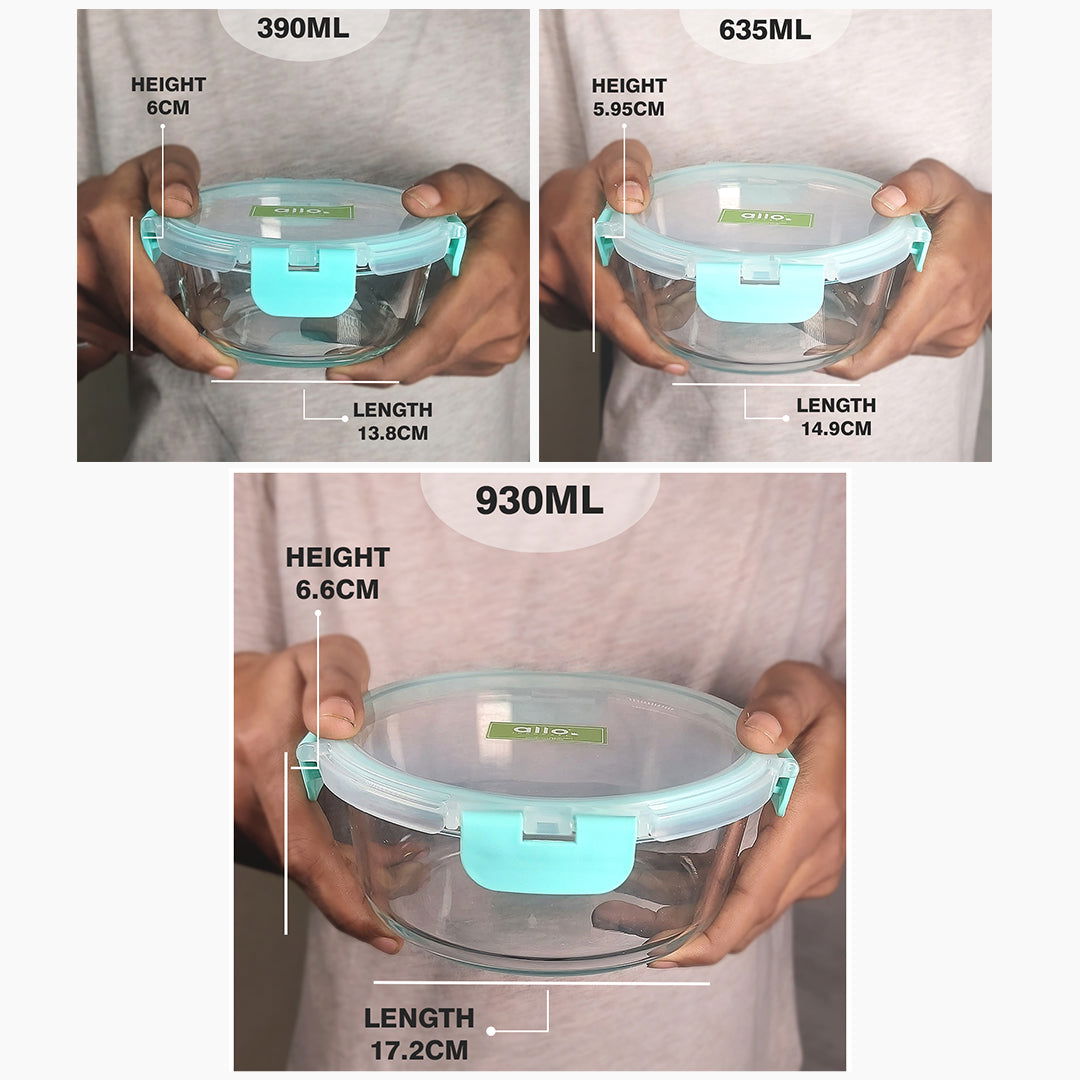 390ml, 635ml, 930ml Allo FoodSafe Microwave Oven Safe Glass Container with Break Free Detachable Lock - Allo Innoware