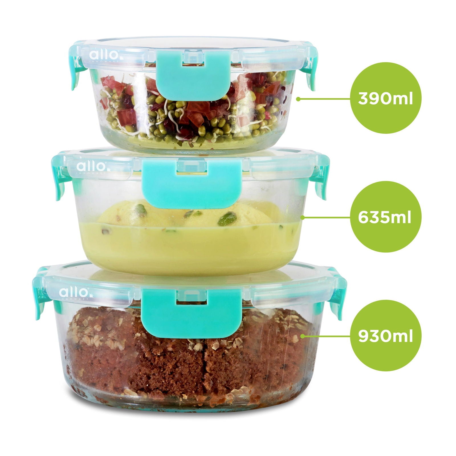 390ml, 635ml, 930ml Allo FoodSafe Microwave Oven Safe Glass Container with Break Free Detachable Lock - Allo Innoware