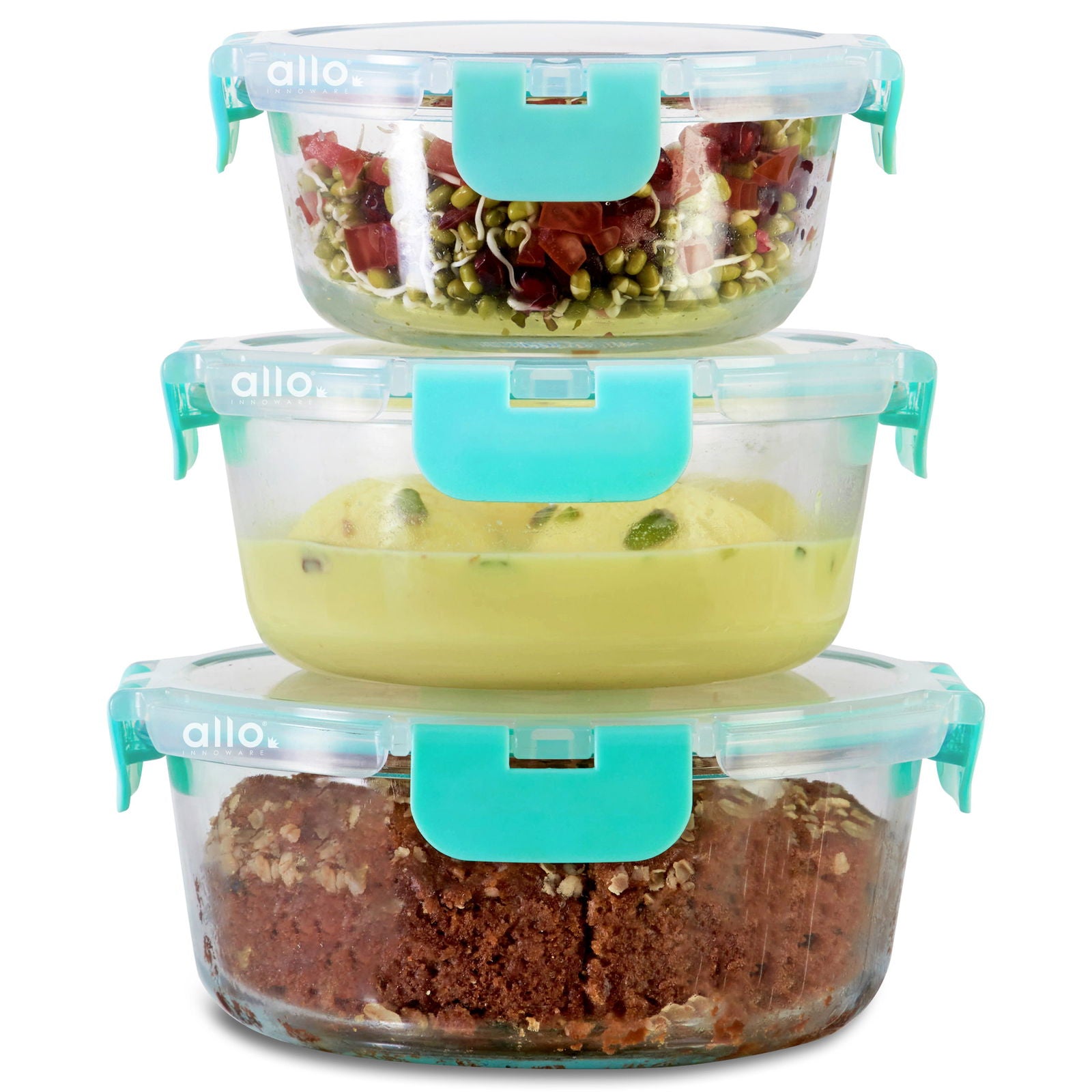 390ml, 635ml, 930ml Allo FoodSafe Microwave Oven Safe Glass Container with Break Free Detachable Lock - Allo Innoware