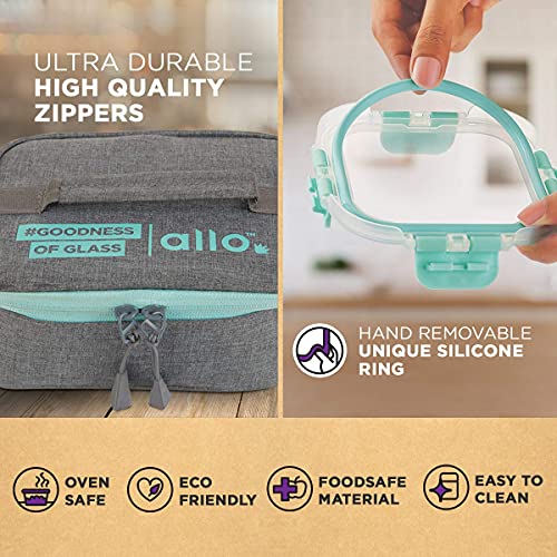 390ml X 4 Allo FoodSafe Microwave Oven Safe Glass Lunch box with Break Free Detachable Lock with Canvas Grey Bag Tiffin - Allo Innoware