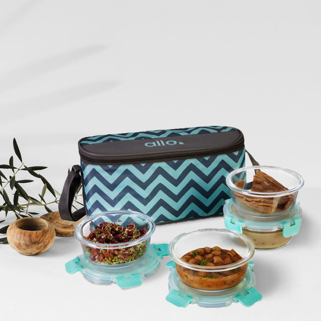 390ml X 4 Allo FoodSafe Microwave Oven Safe Glass Lunch box with Break Free Detachable Lock with Chevron Mint Bag Tiffin - Allo Innoware