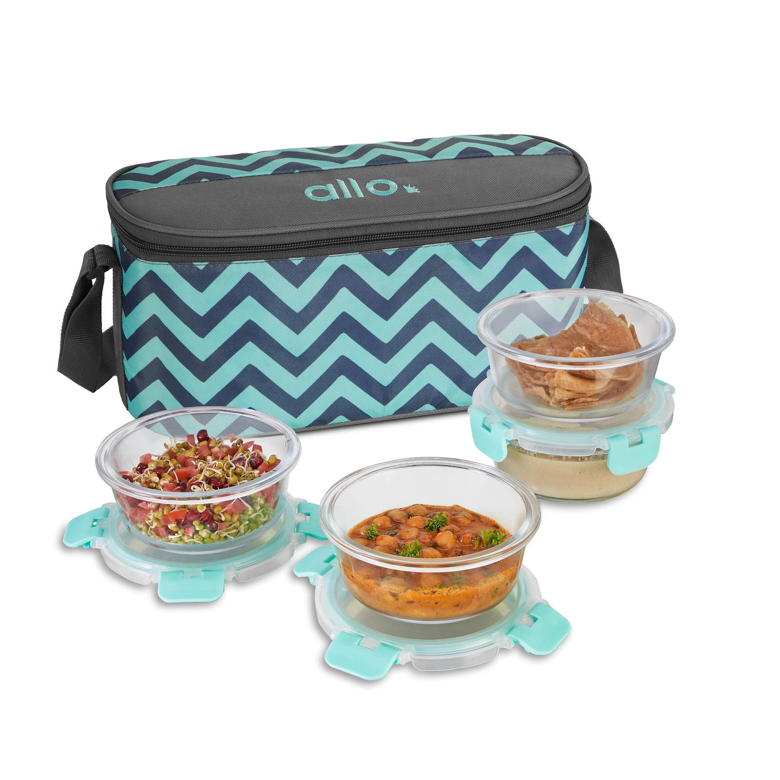 390ml X 4 Allo FoodSafe Microwave Oven Safe Glass Lunch box with Break Free Detachable Lock with Chevron Mint Bag Tiffin - Allo Innoware