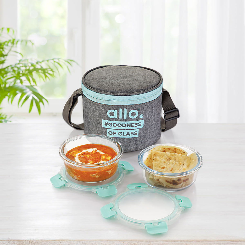 390ml x 2 Allo FoodSafe Microwave Oven Safe Glass Lunch box with Break Free Detachable Lock with Canvas Grey Bag Tiffin - Allo Innoware