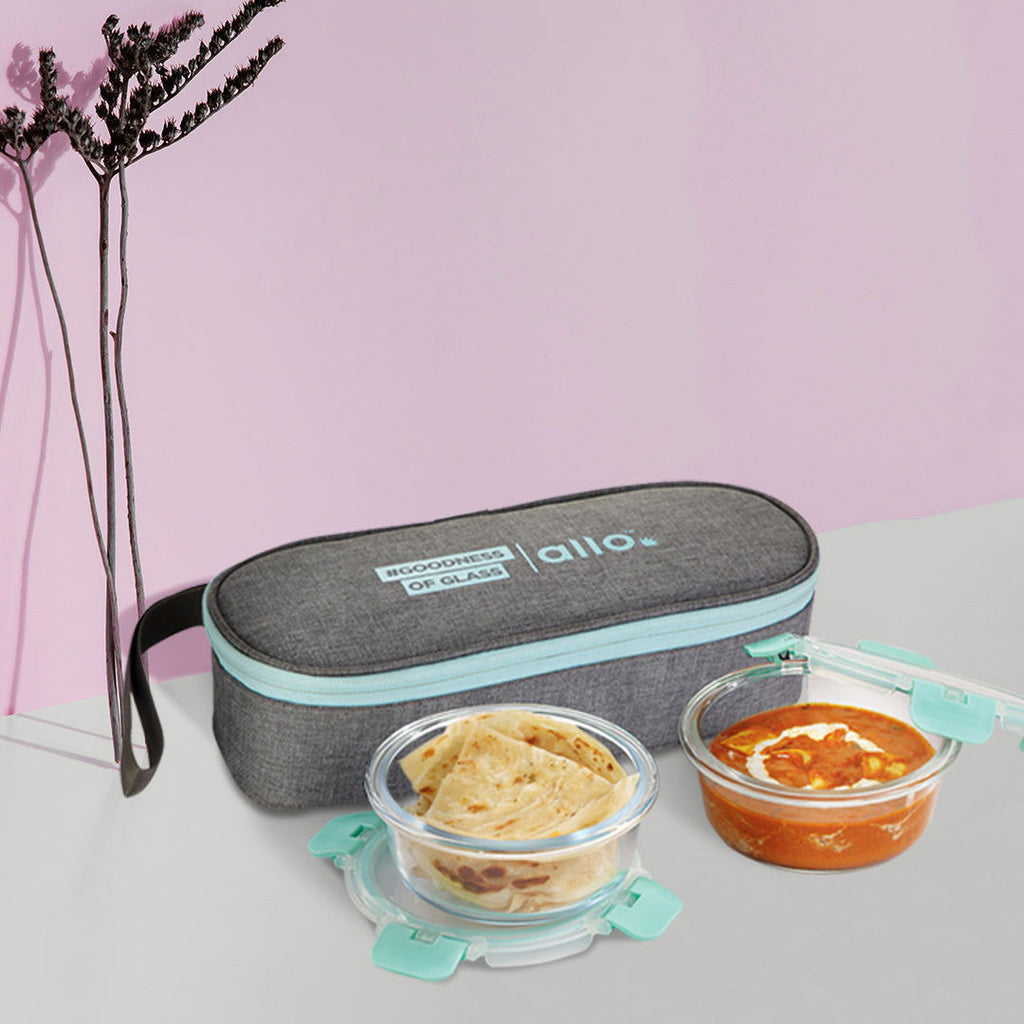 390ml x 2 Allo FoodSafe Microwave Oven Safe Glass Lunch box with Break Free Detachable Lock with Canvas Grey Bag Tiffin - Allo Innoware