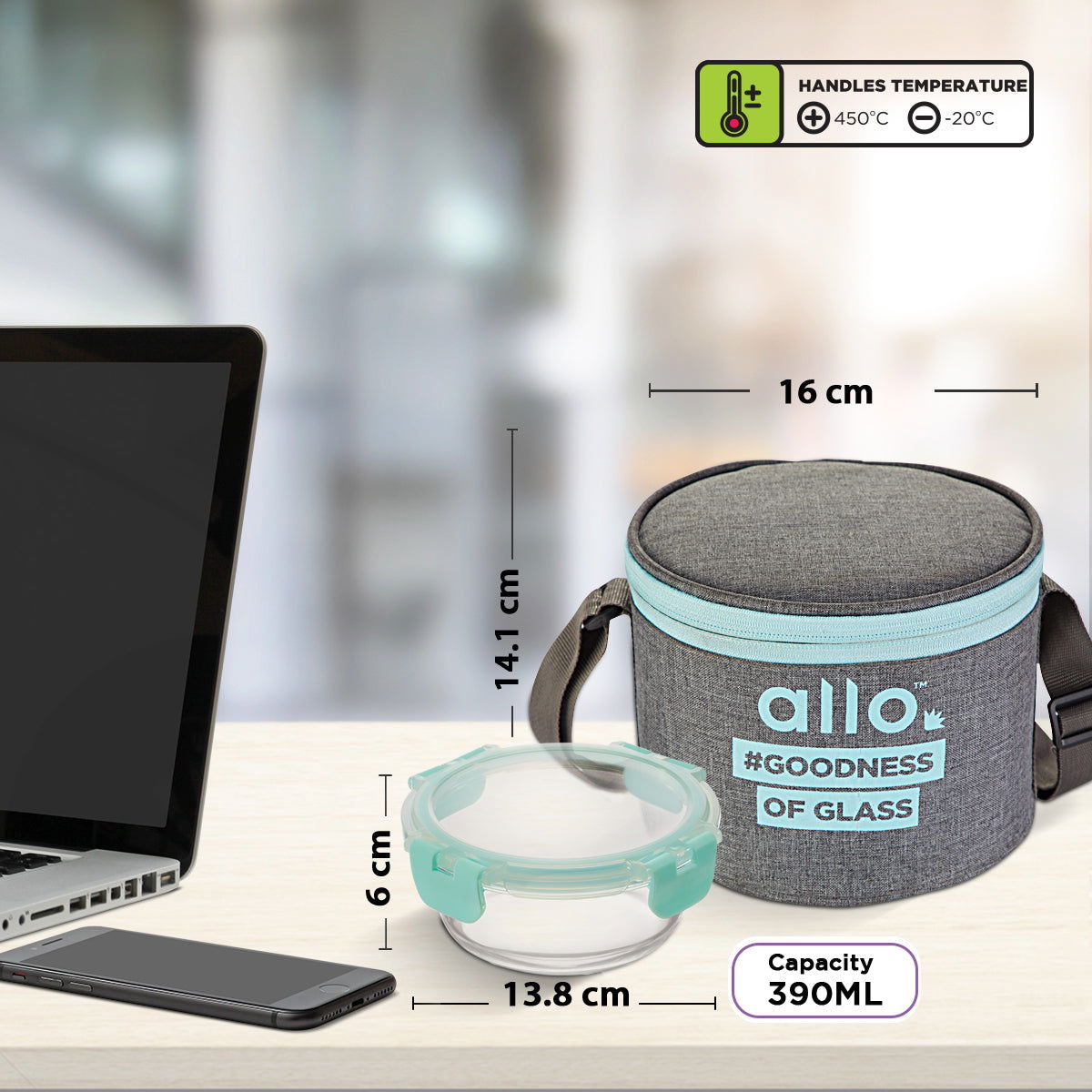 390ml x 2 Allo FoodSafe Microwave Oven Safe Glass Lunch box with Break Free Detachable Lock with Canvas Grey Bag Tiffin - Allo Innoware