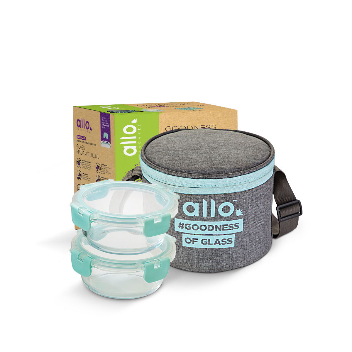 390ml x 2 Allo FoodSafe Microwave Oven Safe Glass Lunch box with Break Free Detachable Lock with Canvas Grey Bag Tiffin - Allo Innoware