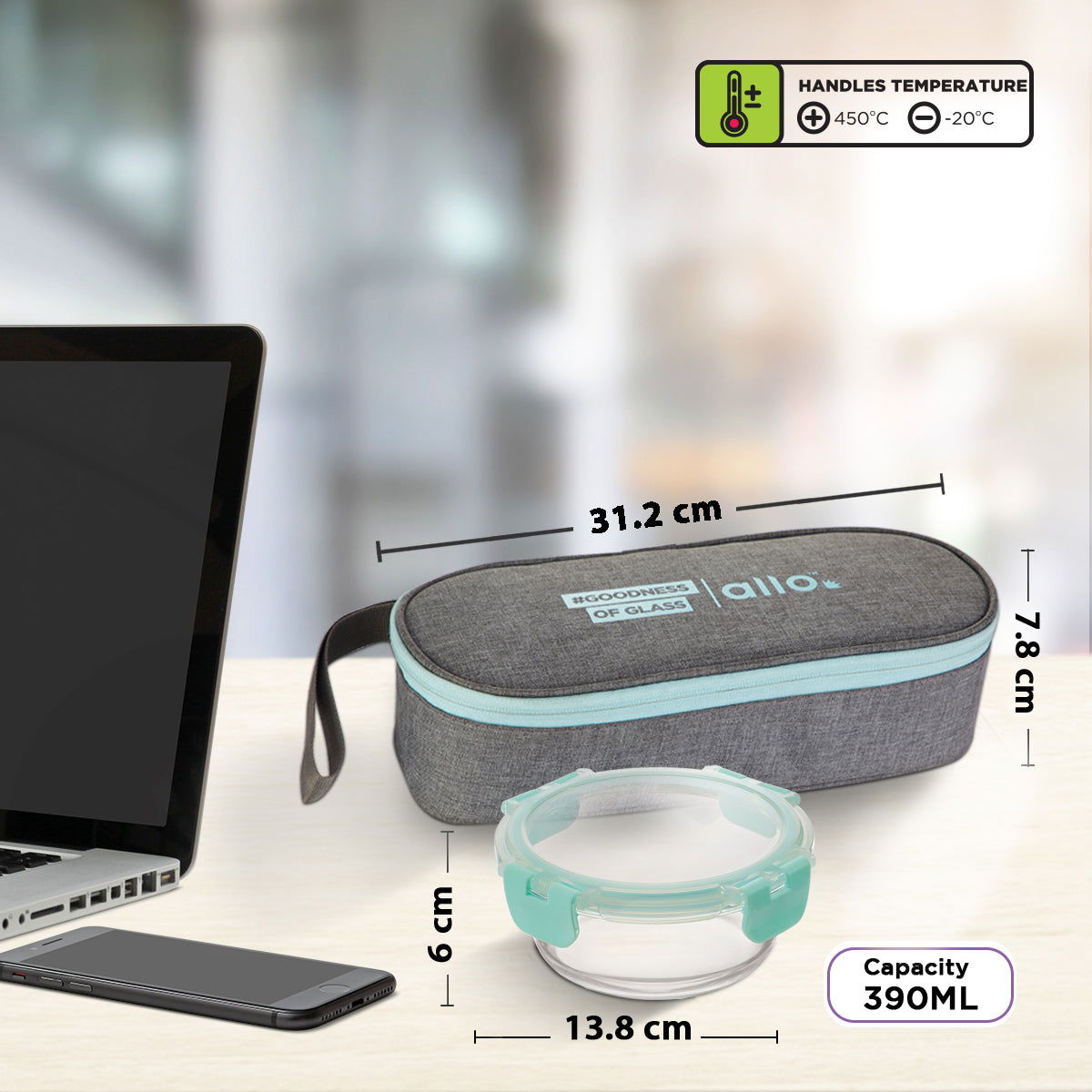 390ml x 2 Allo FoodSafe Microwave Oven Safe Glass Lunch box with Break Free Detachable Lock with Canvas Grey Bag Tiffin - Allo Innoware