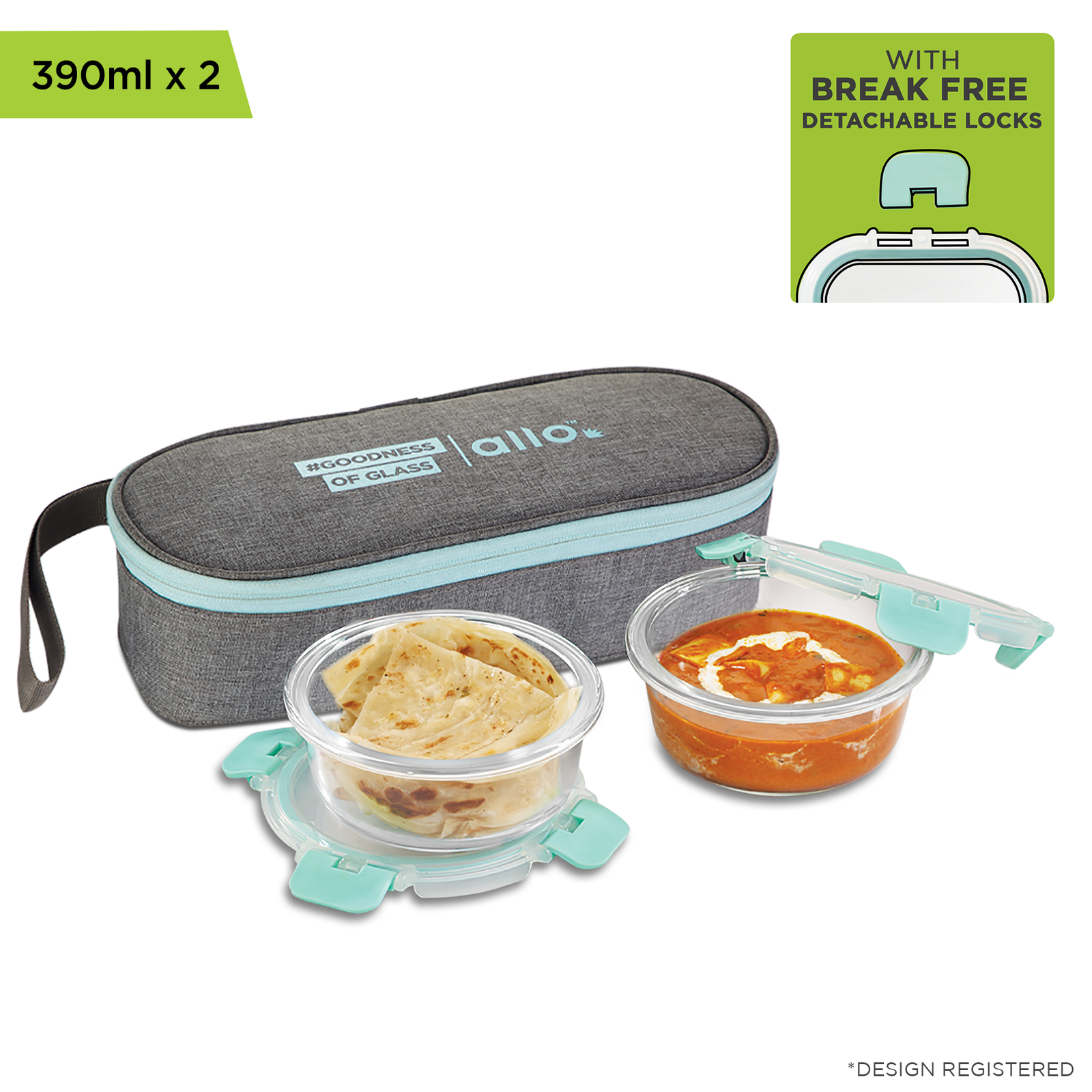 390ml x 2 Allo FoodSafe Microwave Oven Safe Glass Lunch box with Break Free Detachable Lock with Canvas Grey Bag Tiffin - Allo Innoware