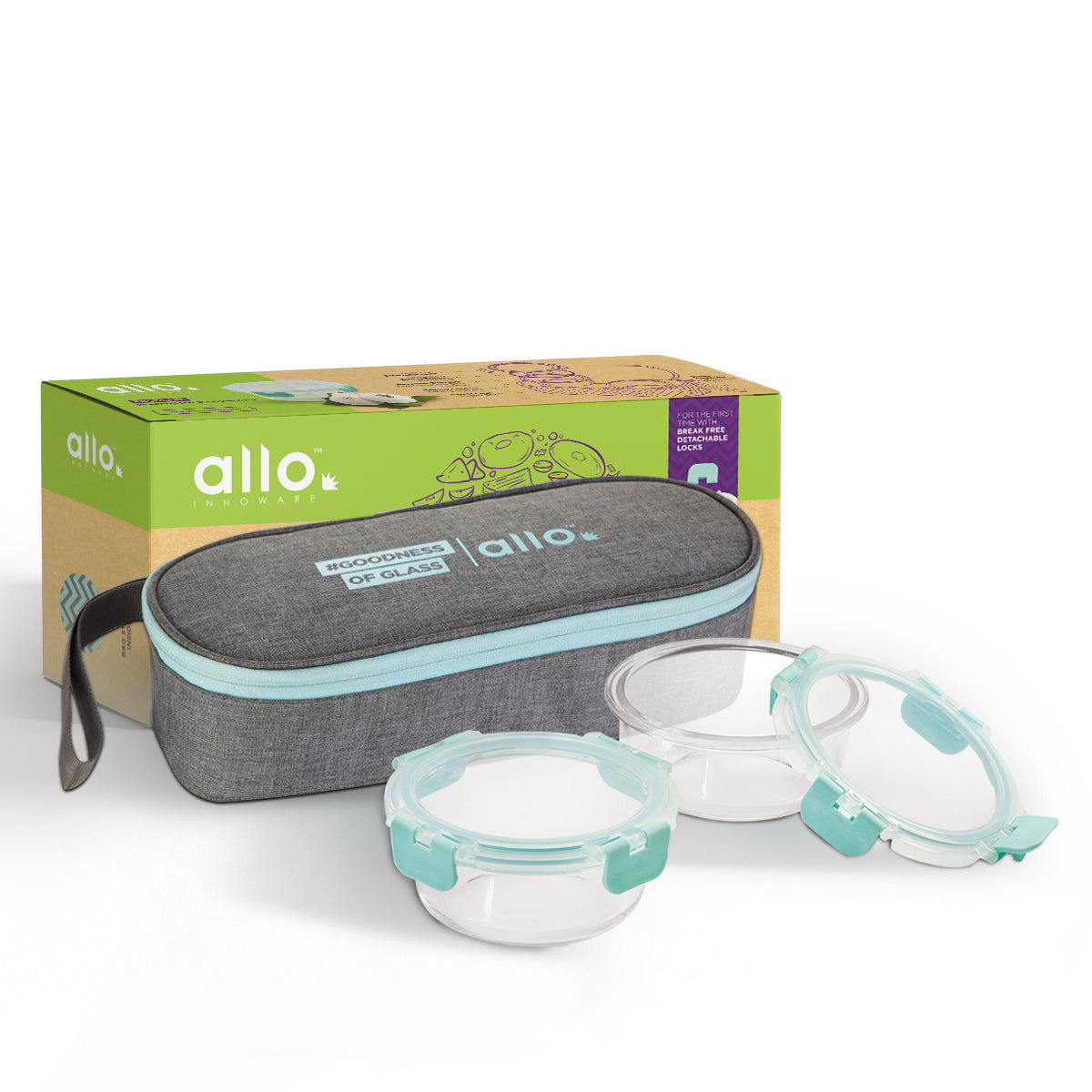 390ml x 2 Allo FoodSafe Microwave Oven Safe Glass Lunch box with Break Free Detachable Lock with Canvas Grey Bag Tiffin - Allo Innoware