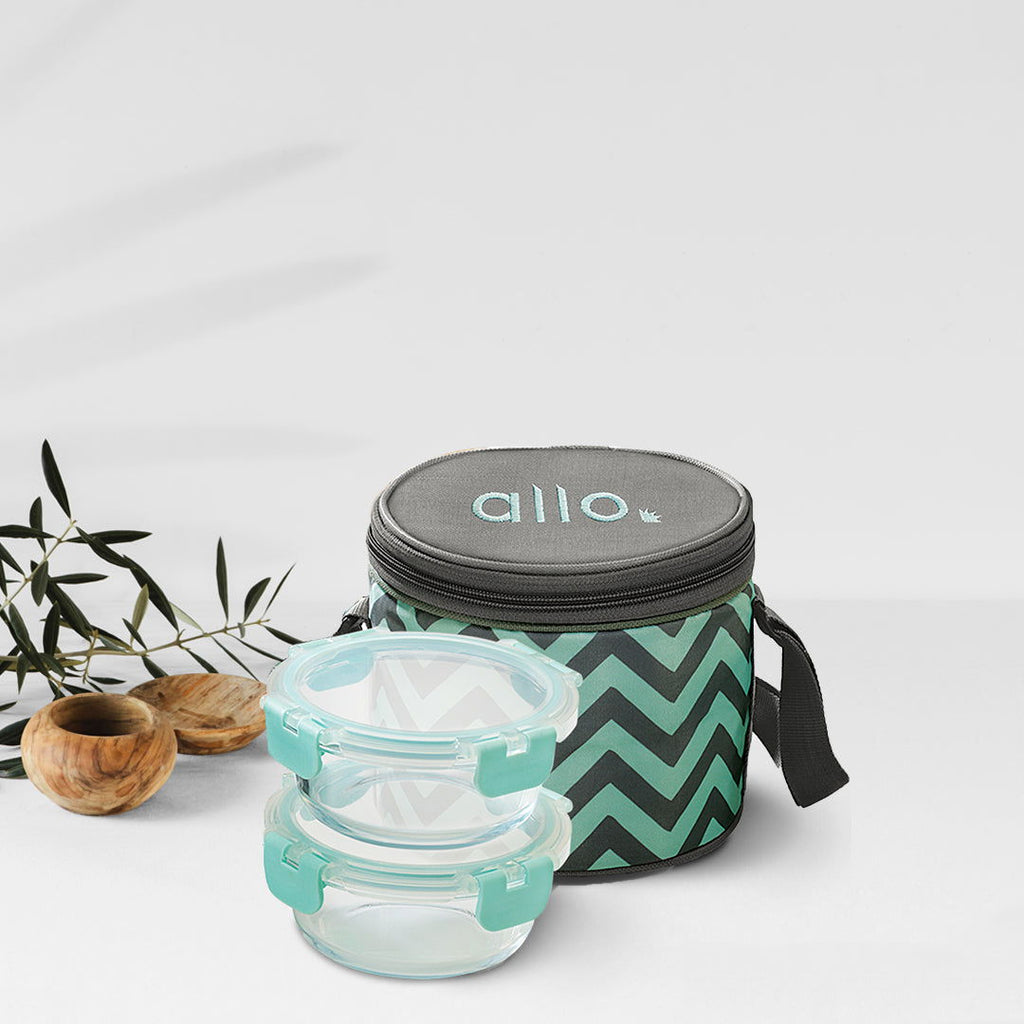 390ml x 2 Allo FoodSafe Microwave Oven Safe Glass Lunch box with Break Free Detachable Lock with Chevron Mint Bag Tiffin - Allo Innoware