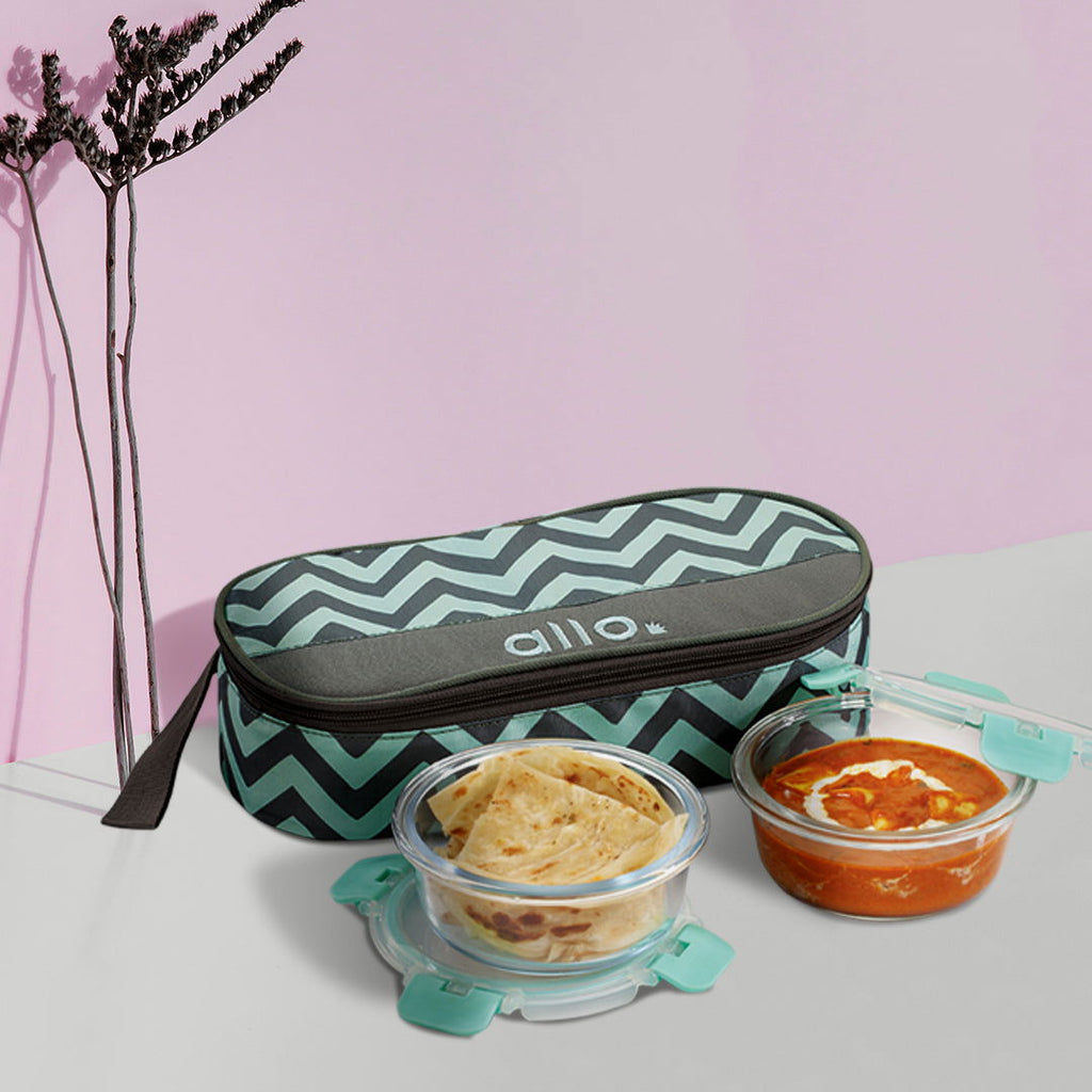 390ml x 2 Allo FoodSafe Microwave Oven Safe Glass Lunch box with Break Free Detachable Lock with Chevron Mint Bag Tiffin - Allo Innoware