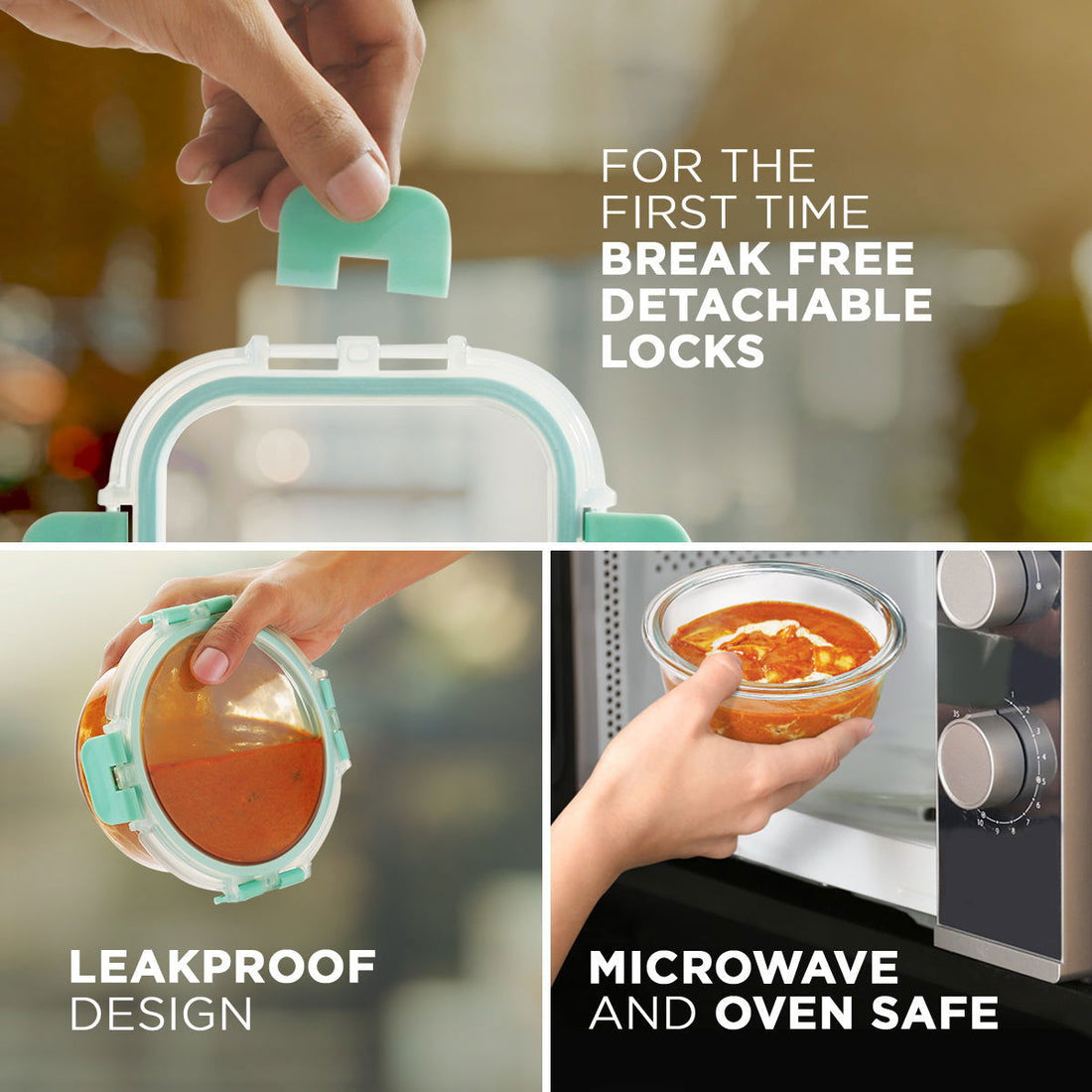 390ml x 2 Allo FoodSafe Microwave Oven Safe Glass Lunch box with Break Free Detachable Lock with Chevron Mint Bag Tiffin - Allo Innoware