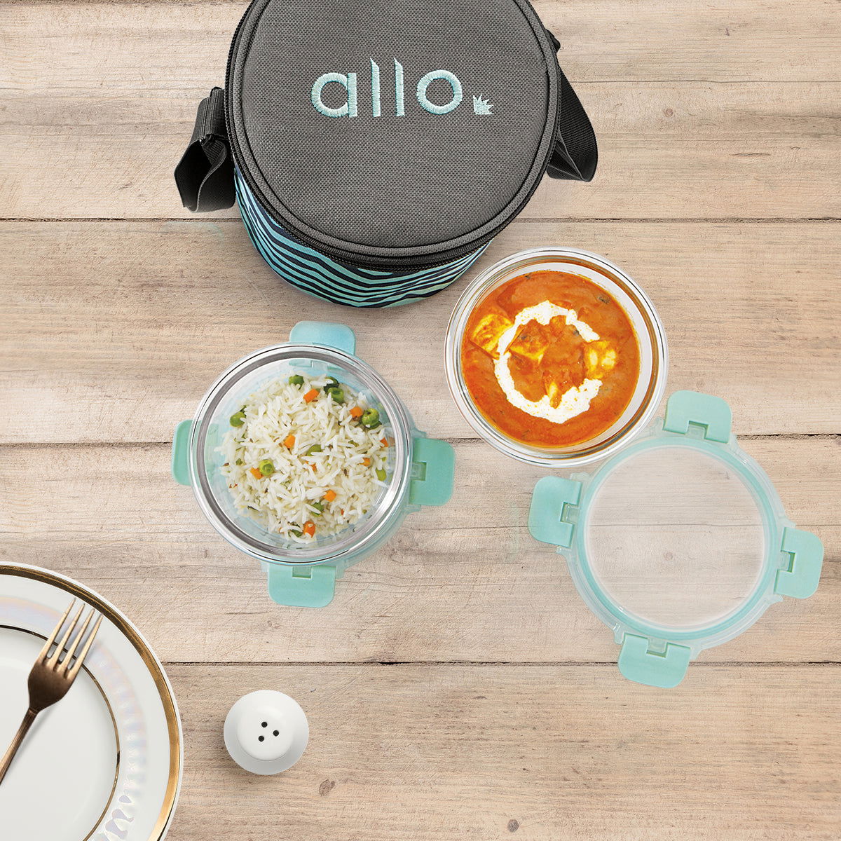 390ml x 2 Allo FoodSafe Microwave Oven Safe Glass Lunch box with Break Free Detachable Lock with Chevron Mint Bag Tiffin - Allo Innoware