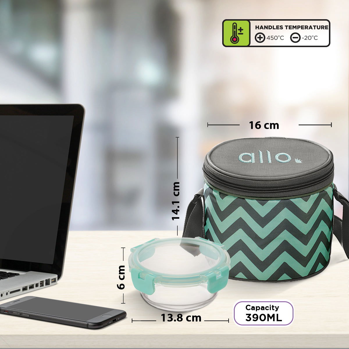 390ml x 2 Allo FoodSafe Microwave Oven Safe Glass Lunch box with Break Free Detachable Lock with Chevron Mint Bag Tiffin - Allo Innoware