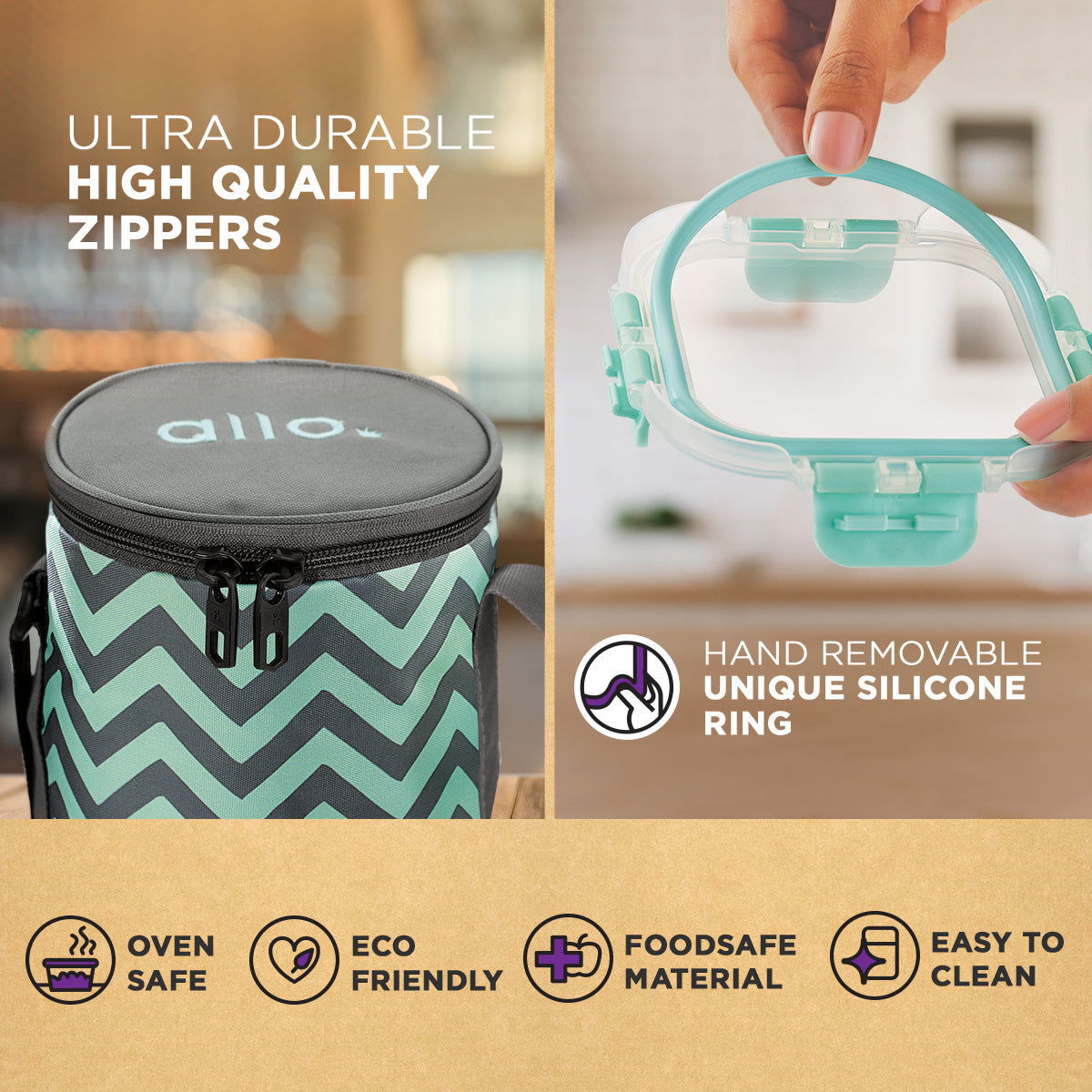 390ml x 2 Allo FoodSafe Microwave Oven Safe Glass Lunch box with Break Free Detachable Lock with Chevron Mint Bag Tiffin - Allo Innoware