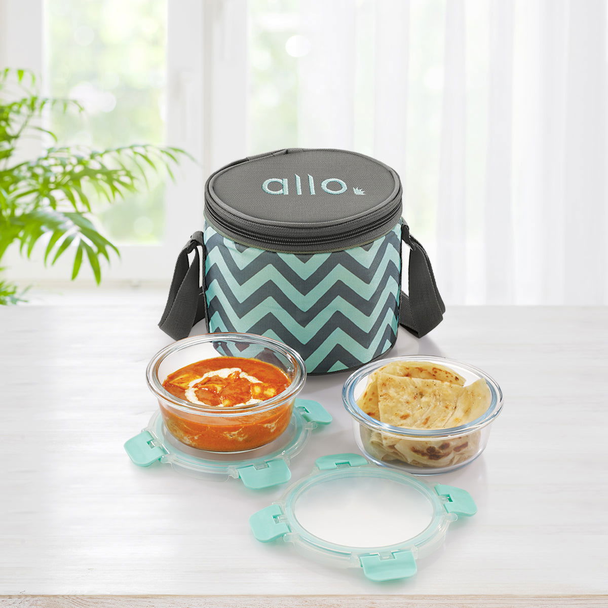 390ml x 2 Allo FoodSafe Microwave Oven Safe Glass Lunch box with Break Free Detachable Lock with Chevron Mint Bag Tiffin - Allo Innoware