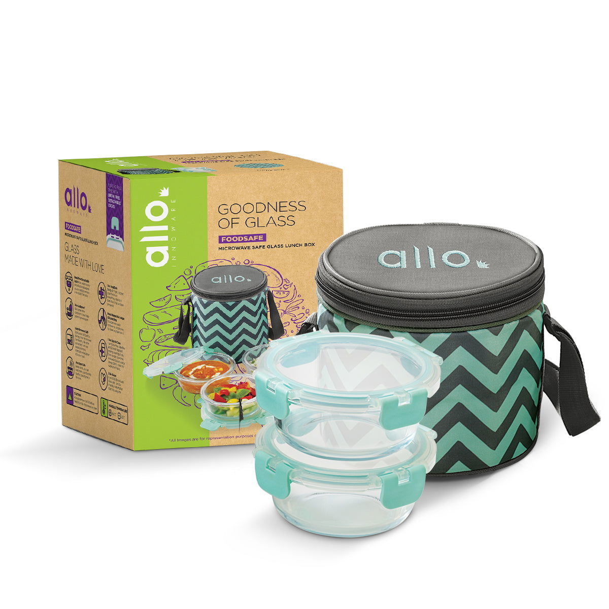 390ml x 2 Allo FoodSafe Microwave Oven Safe Glass Lunch box with Break Free Detachable Lock with Chevron Mint Bag Tiffin - Allo Innoware
