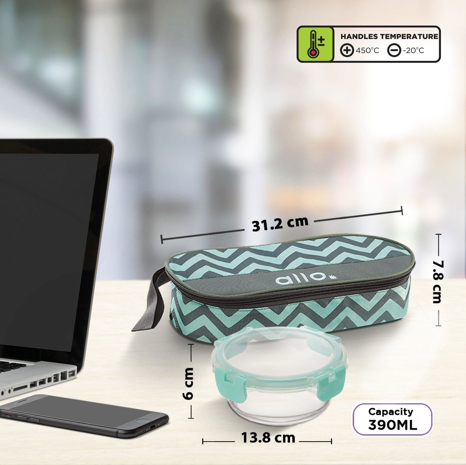 390ml x 2 Allo FoodSafe Microwave Oven Safe Glass Lunch box with Break Free Detachable Lock with Chevron Mint Bag Tiffin - Allo Innoware