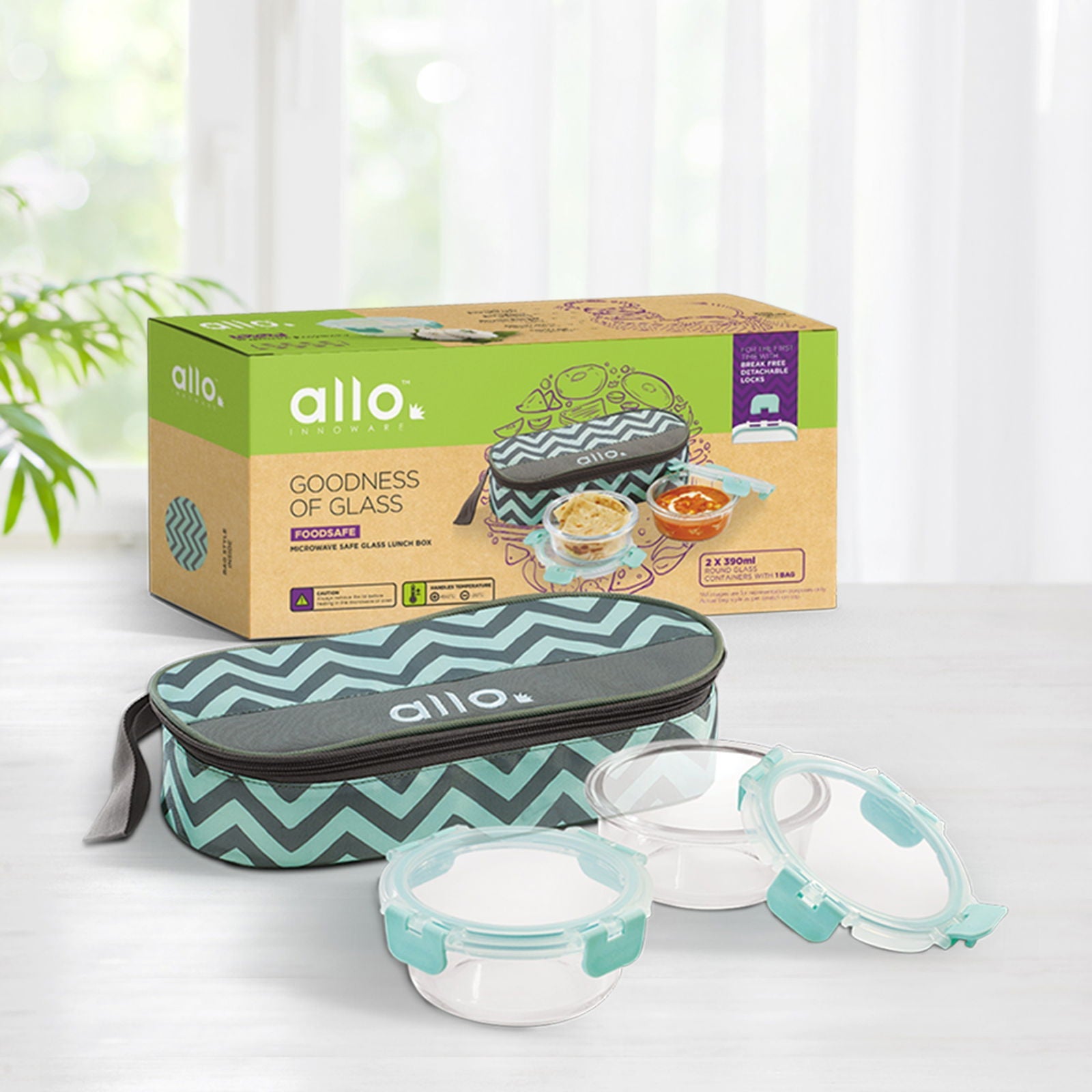 390ml x 2 Allo FoodSafe Microwave Oven Safe Glass Lunch box with Break Free Detachable Lock with Chevron Mint Bag Tiffin - Allo Innoware