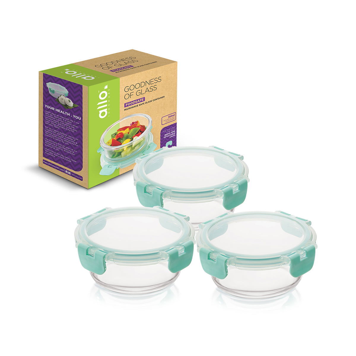 390ml x 3 Allo FoodSafe Microwave Oven Safe Glass Container with Break Free Detachable Lock - Allo Innoware