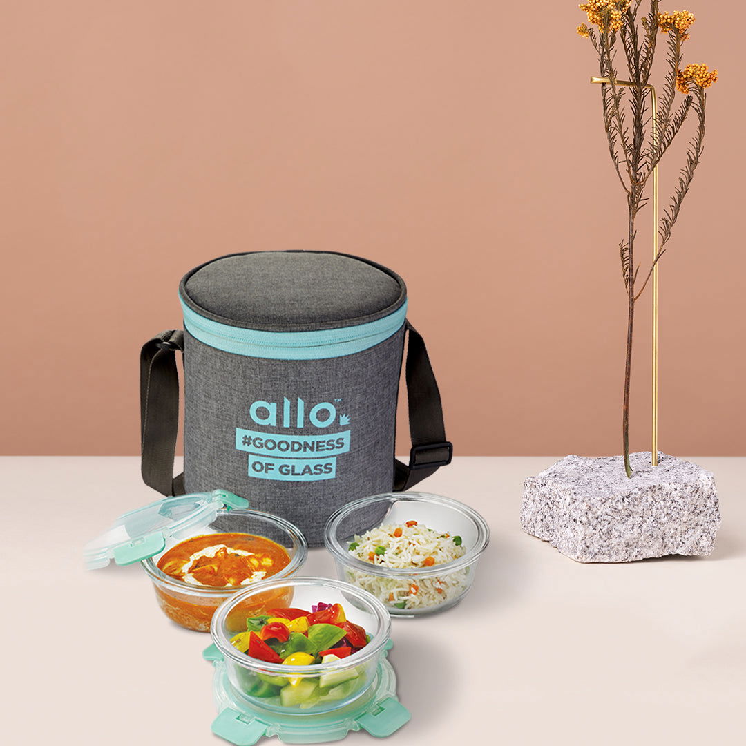 390ml x 3 Allo FoodSafe Microwave Oven Safe Glass Lunch box with Break Free Detachable Lock with Canvas Grey Bag Tiffin - Allo Innoware
