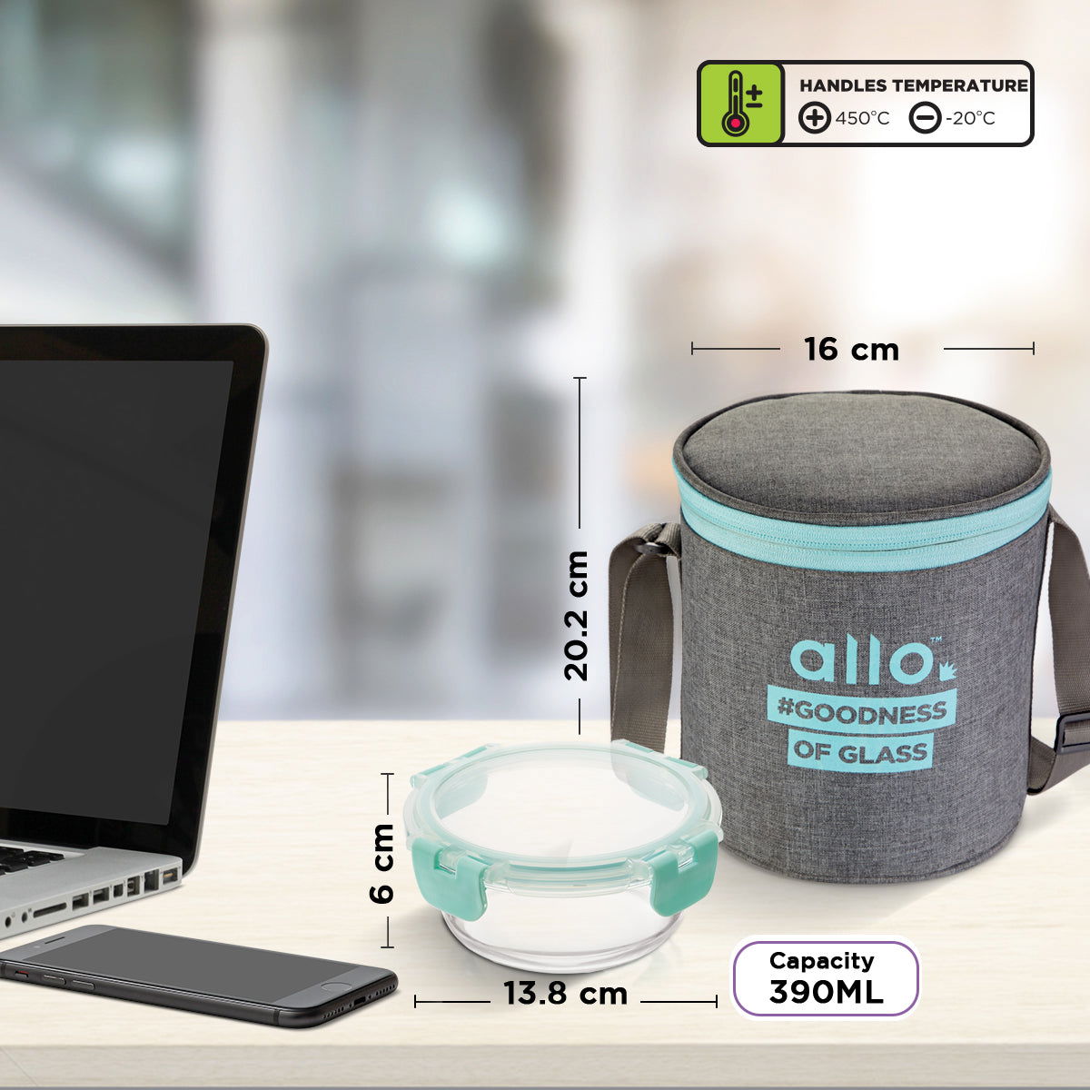 390ml x 3 Allo FoodSafe Microwave Oven Safe Glass Lunch box with Break Free Detachable Lock with Canvas Grey Bag Tiffin - Allo Innoware