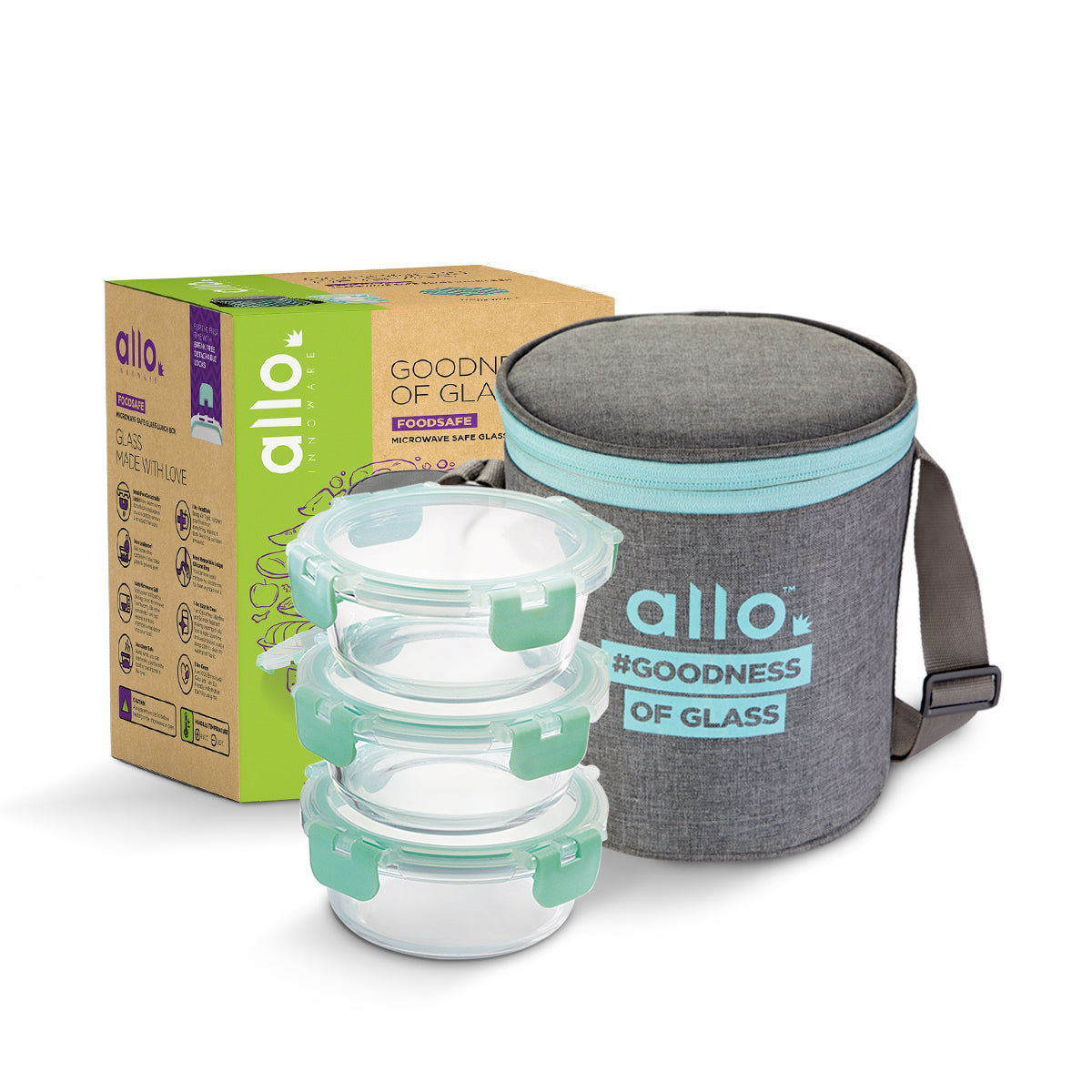 390ml x 3 Allo FoodSafe Microwave Oven Safe Glass Lunch box with Break Free Detachable Lock with Canvas Grey Bag Tiffin - Allo Innoware