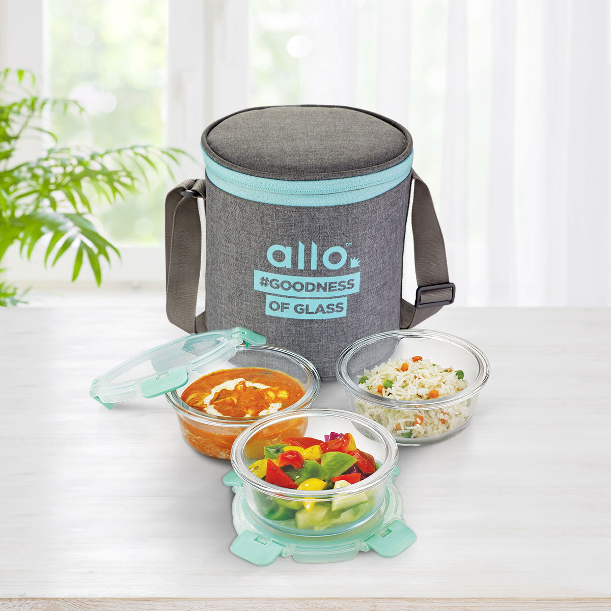 390ml x 3 Allo FoodSafe Microwave Oven Safe Glass Lunch box with Break Free Detachable Lock with Canvas Grey Bag Tiffin - Allo Innoware