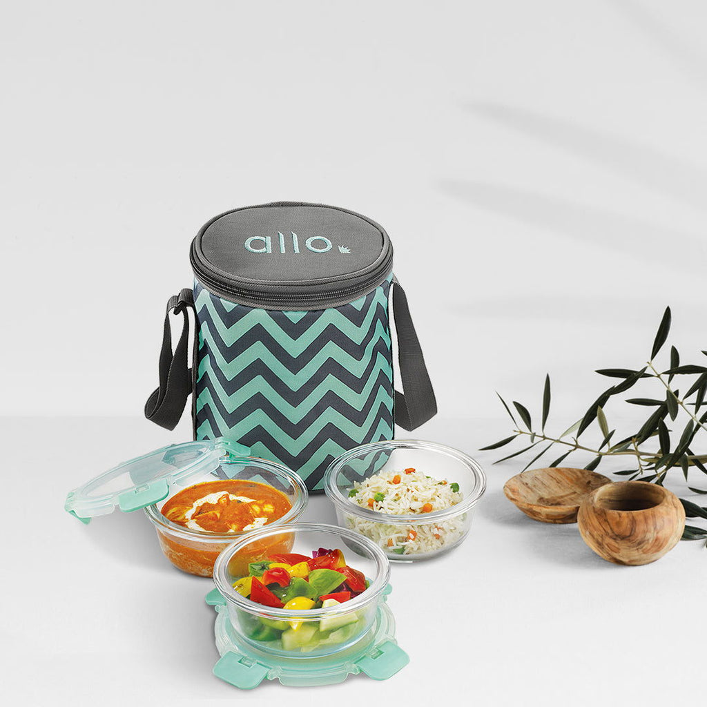 390ml x 3 Allo FoodSafe Microwave Oven Safe Glass Lunch box with Break Free Detachable Lock with Chevron Mint Bag Tiffin - Allo Innoware