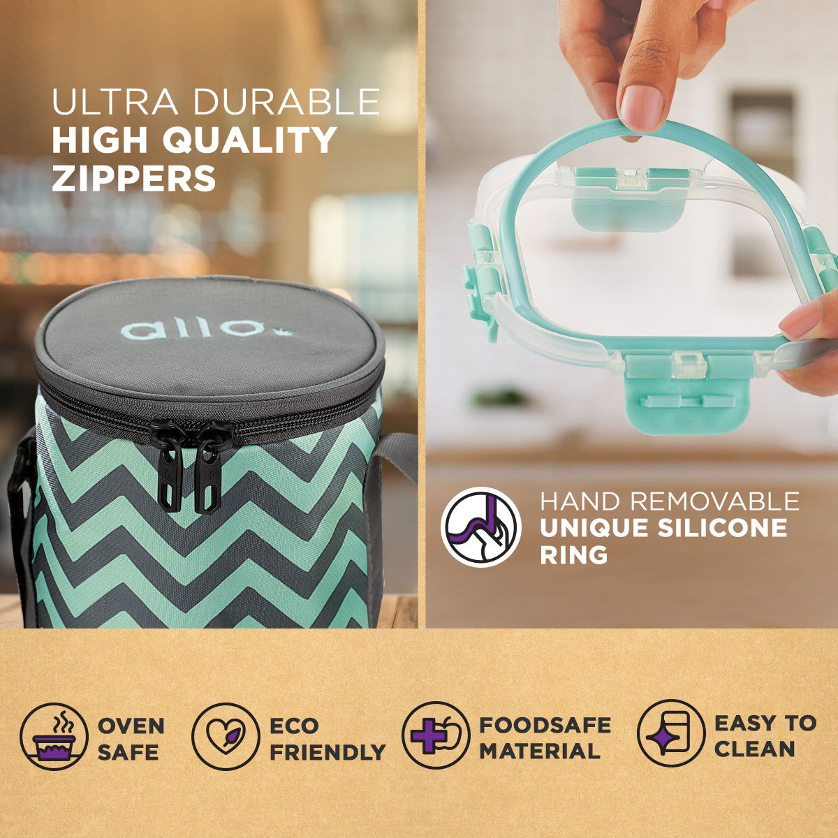 390ml x 3 Allo FoodSafe Microwave Oven Safe Glass Lunch box with Break Free Detachable Lock with Chevron Mint Bag Tiffin - Allo Innoware