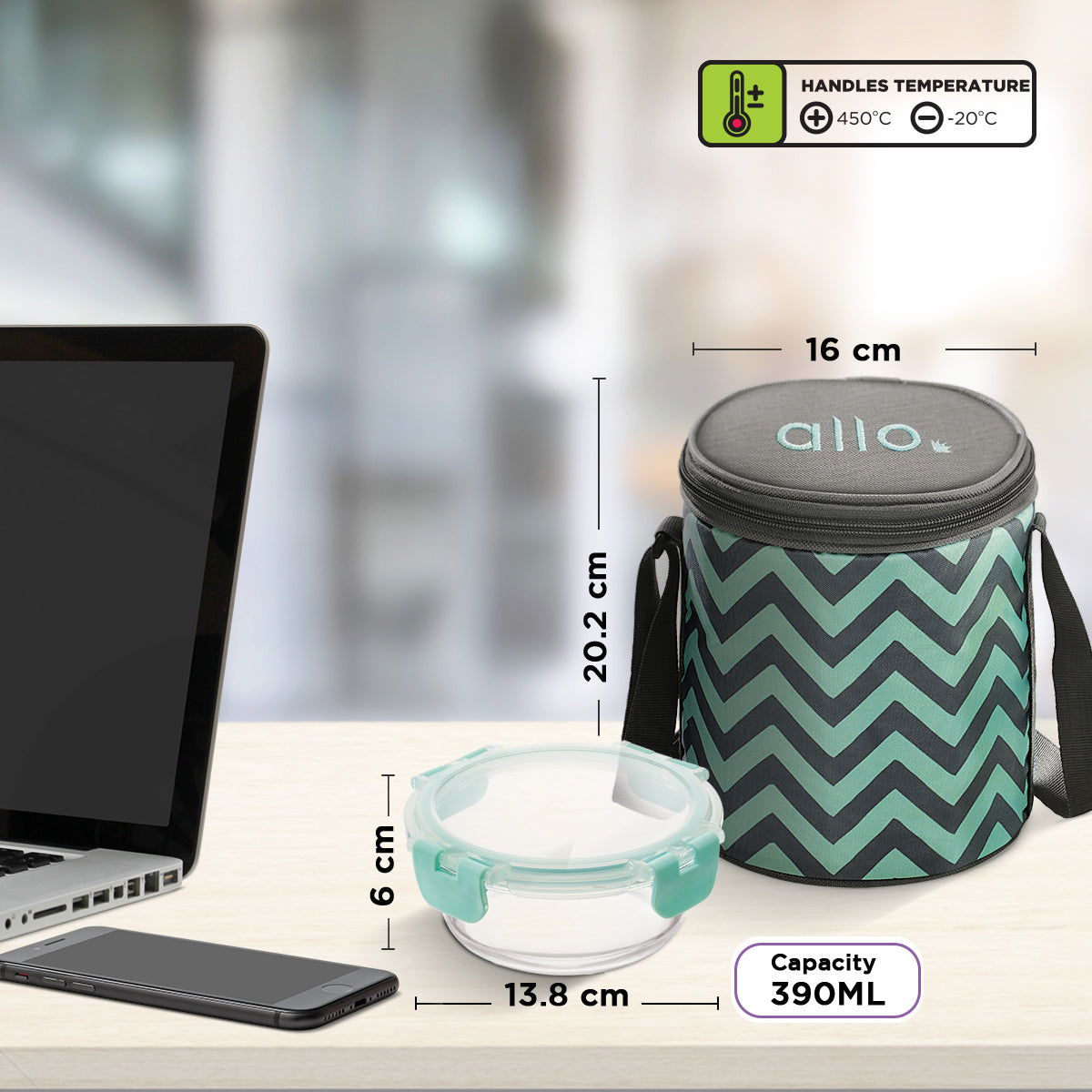 390ml x 3 Allo FoodSafe Microwave Oven Safe Glass Lunch box with Break Free Detachable Lock with Chevron Mint Bag Tiffin - Allo Innoware