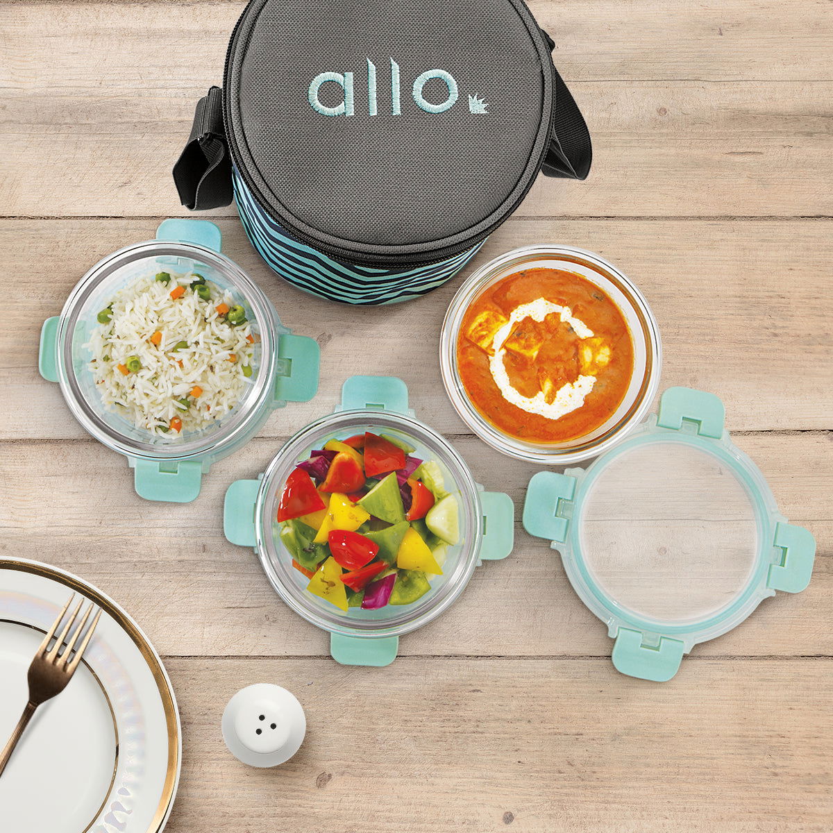 390ml x 3 Allo FoodSafe Microwave Oven Safe Glass Lunch box with Break Free Detachable Lock with Chevron Mint Bag Tiffin - Allo Innoware