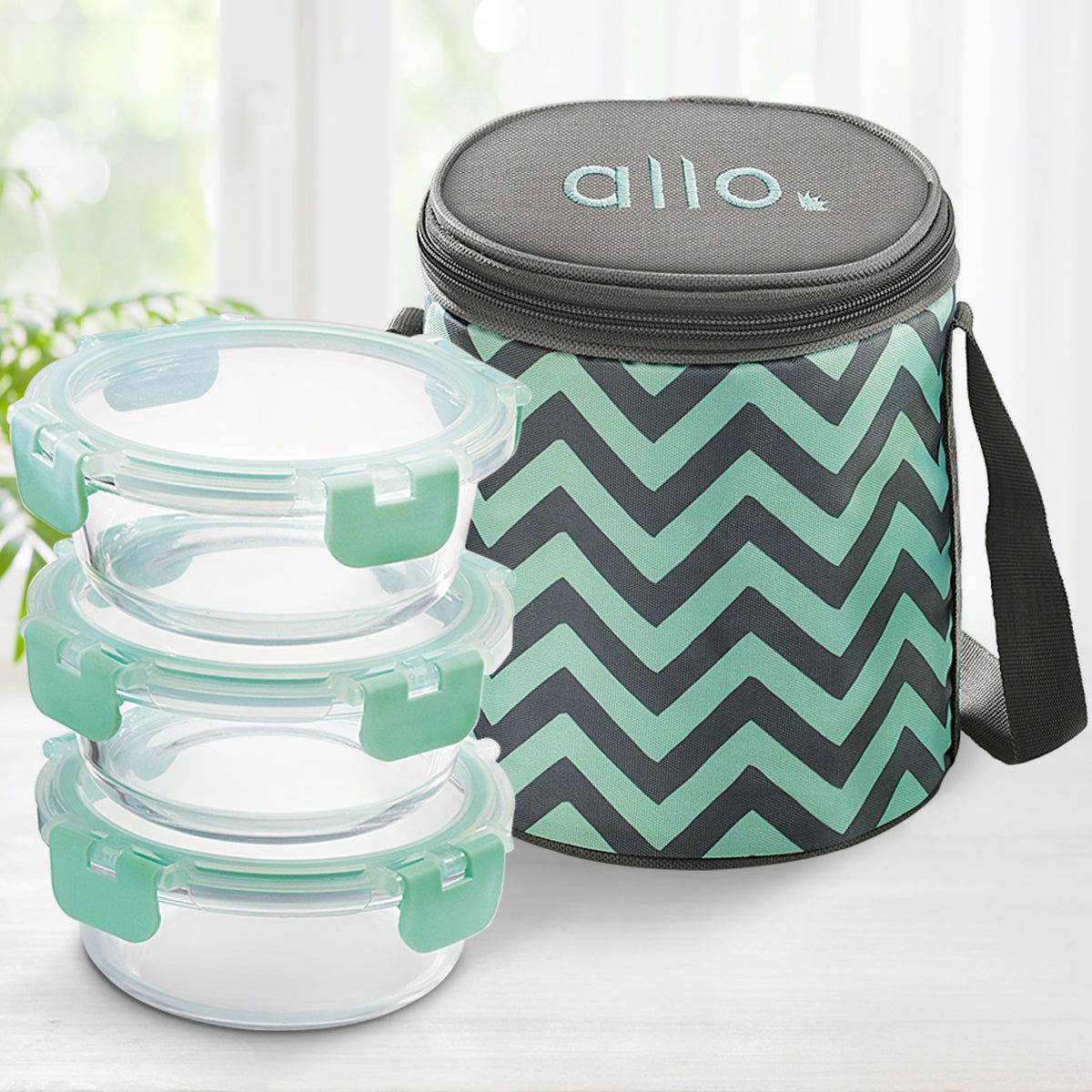 390ml x 3 Allo FoodSafe Microwave Oven Safe Glass Lunch box with Break Free Detachable Lock with Chevron Mint Bag Tiffin - Allo Innoware