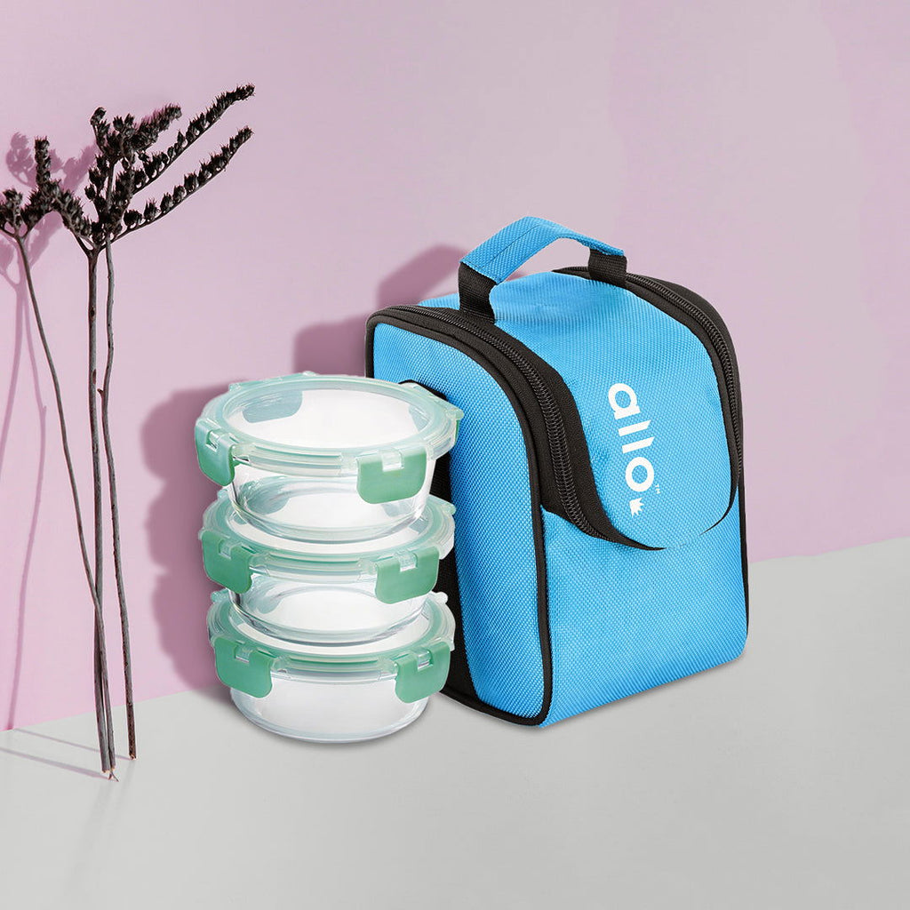 390ml x 3 Allo FoodSafe Microwave Oven Safe Glass Lunch box with Break Free Detachable Lock with Sky Blue Bag Tiffin - Allo Innoware