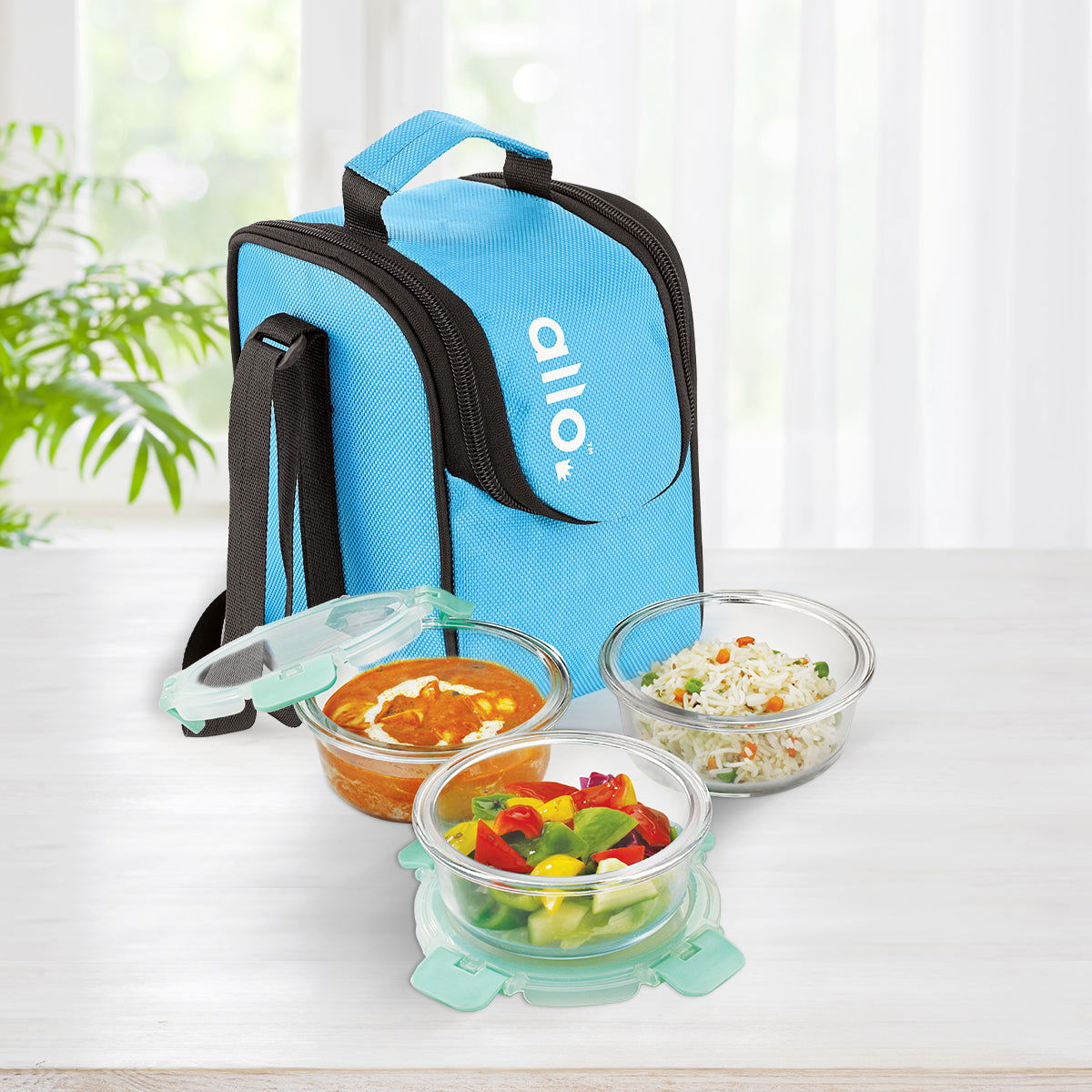 390ml x 3 Allo FoodSafe Microwave Oven Safe Glass Lunch box with Break Free Detachable Lock with Sky Blue Bag Tiffin - Allo Innoware