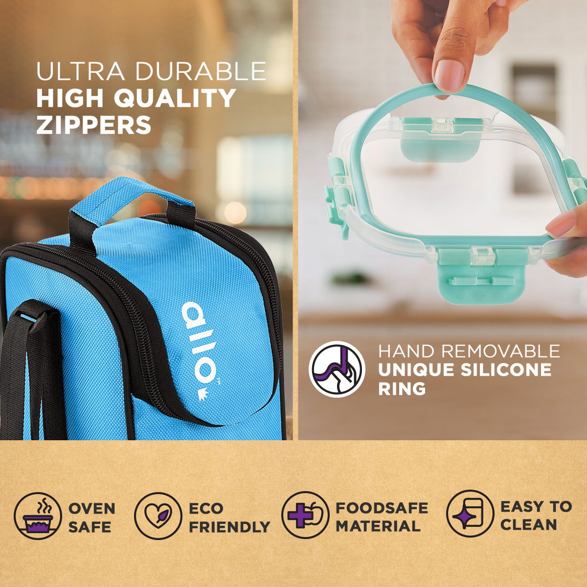 390ml x 3 Allo FoodSafe Microwave Oven Safe Glass Lunch box with Break Free Detachable Lock with Sky Blue Bag Tiffin - Allo Innoware