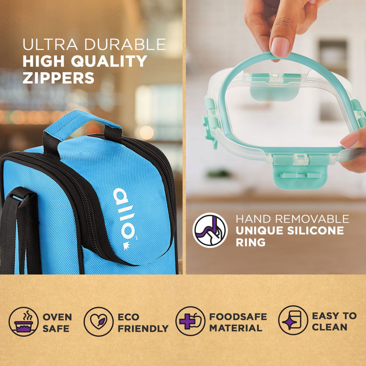390ml x 3 Allo FoodSafe Microwave Oven Safe Glass Lunch box with Break Free Detachable Lock with Sky Blue Bag Tiffin - Allo Innoware