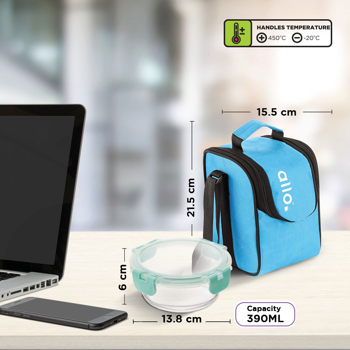 390ml x 3 Allo FoodSafe Microwave Oven Safe Glass Lunch box with Break Free Detachable Lock with Sky Blue Bag Tiffin - Allo Innoware