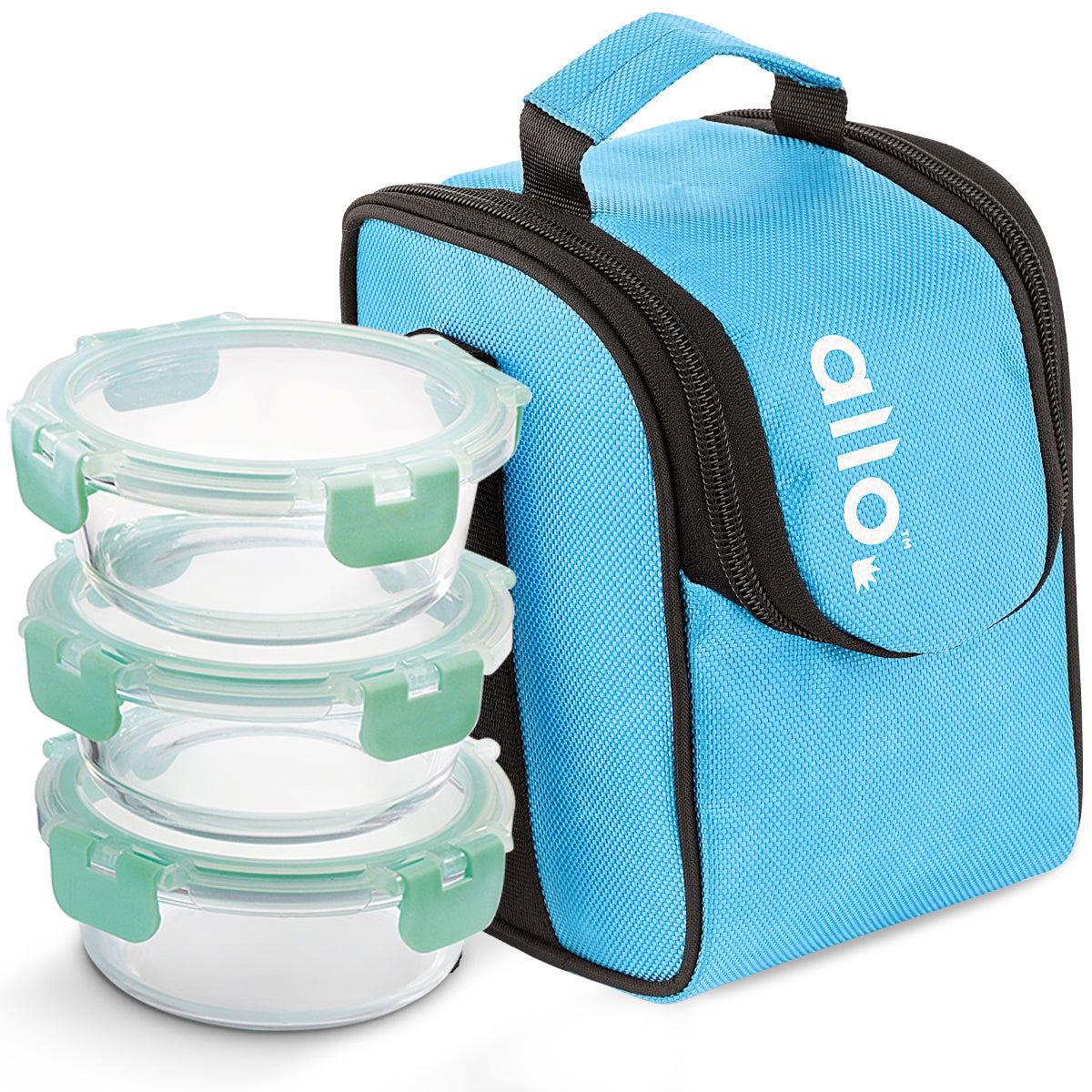 390ml x 3 Allo FoodSafe Microwave Oven Safe Glass Lunch box with Break Free Detachable Lock with Sky Blue Bag Tiffin - Allo Innoware