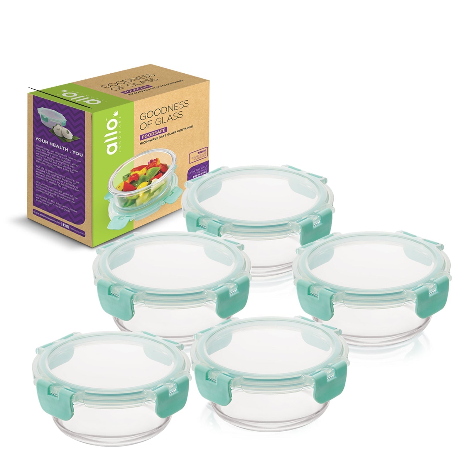 390ml x 5 Allo FoodSafe Microwave Oven Safe Glass Container with Break Free Detachable Lock - Allo Innoware