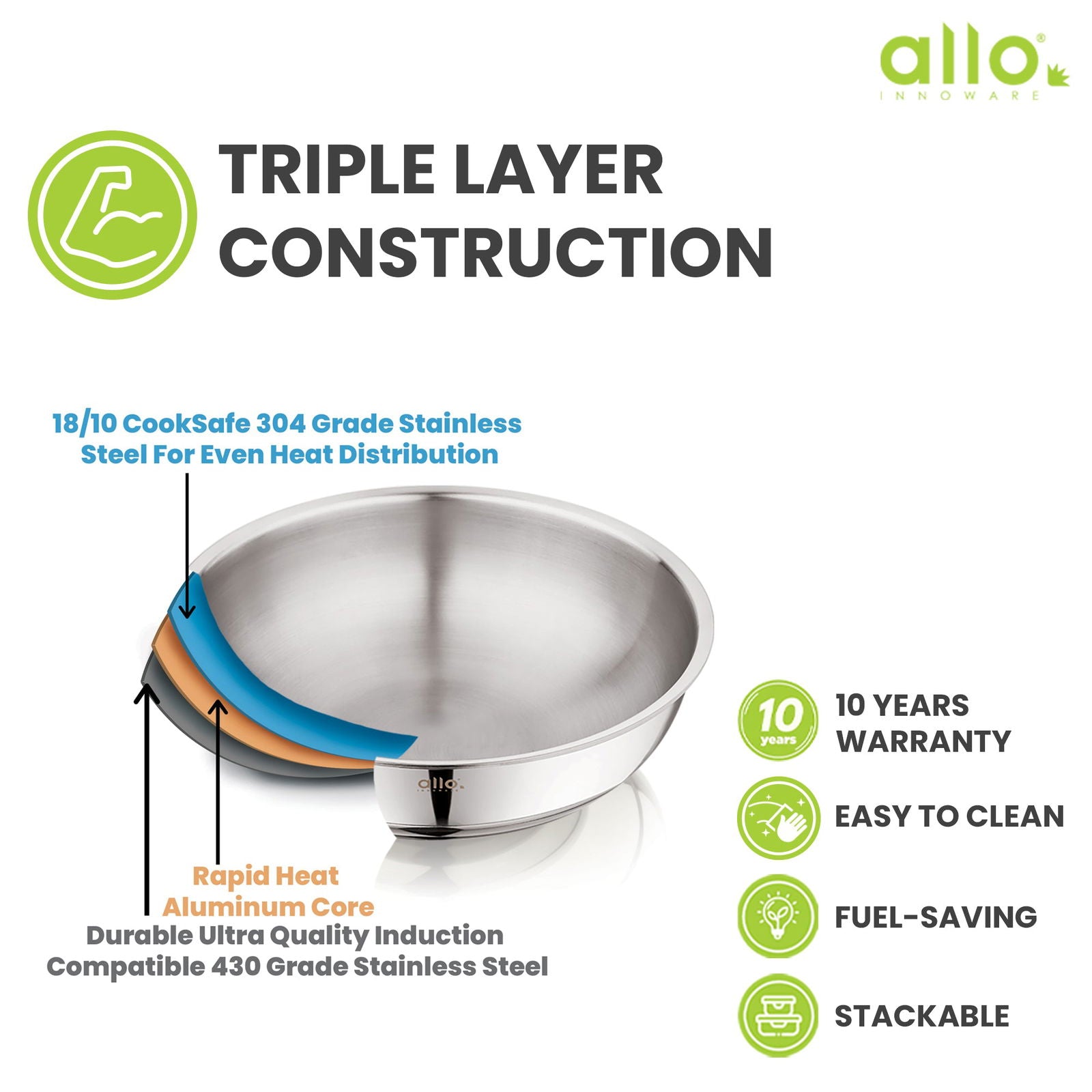 3L Allo CookSafe TriPly Tasla | Stainless Steel | Induction Friendly | Naturally Non-stick | 26cm - Allo Innoware